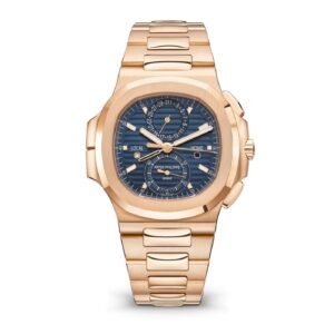 Patek Philippe replica watch Nautilus Flyback Chronograph Travel Time Rose Gold Blue Dial 5990/1R-001-3KF