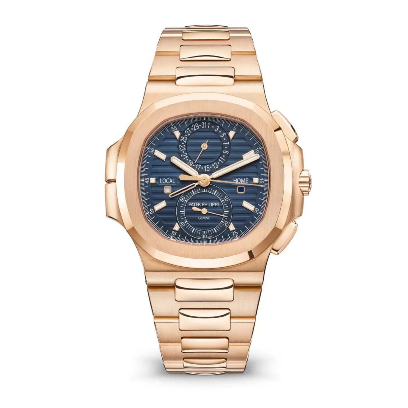 Patek Philippe replica watch Nautilus Flyback Chronograph Travel Time Rose Gold Blue Dial 5990/1R-001-3KF