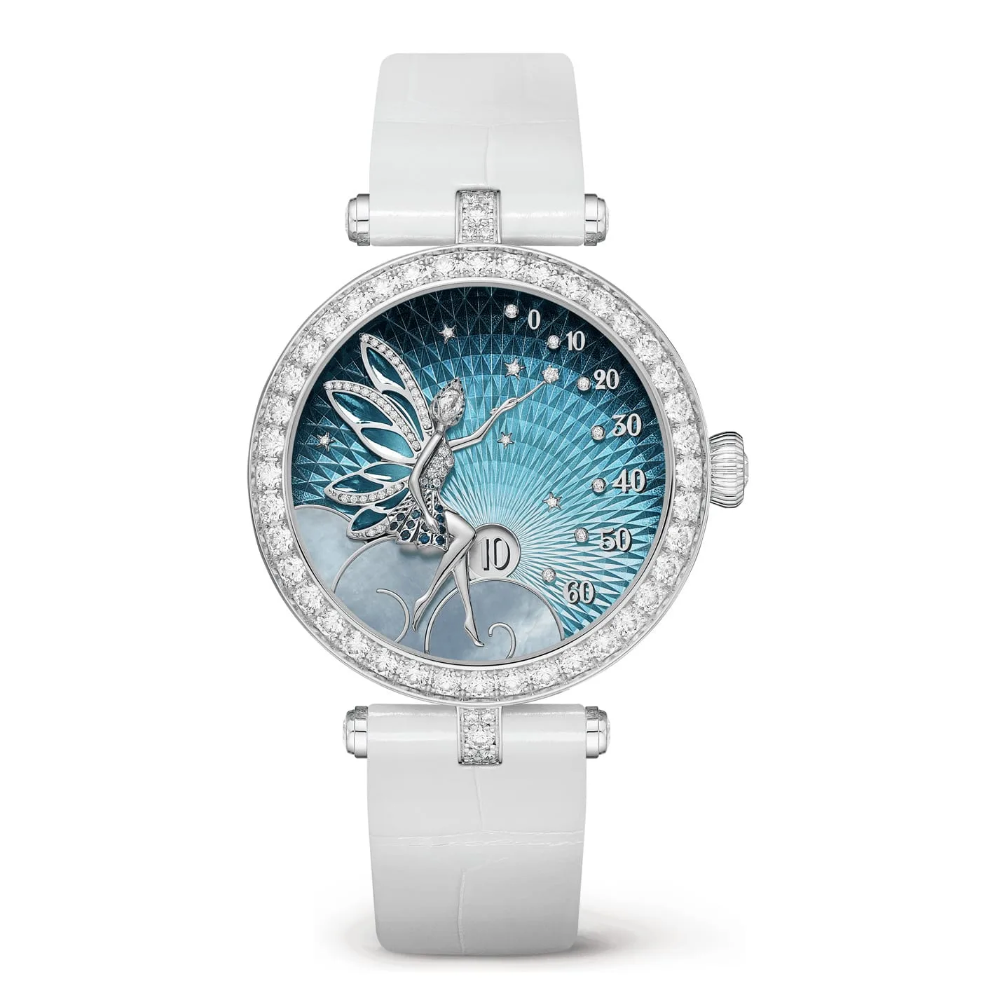 Lady Feerie fake van cleef dupe watch 18K white gold Diamond Mother-of-pearl Sapphire VCARO8ZD00