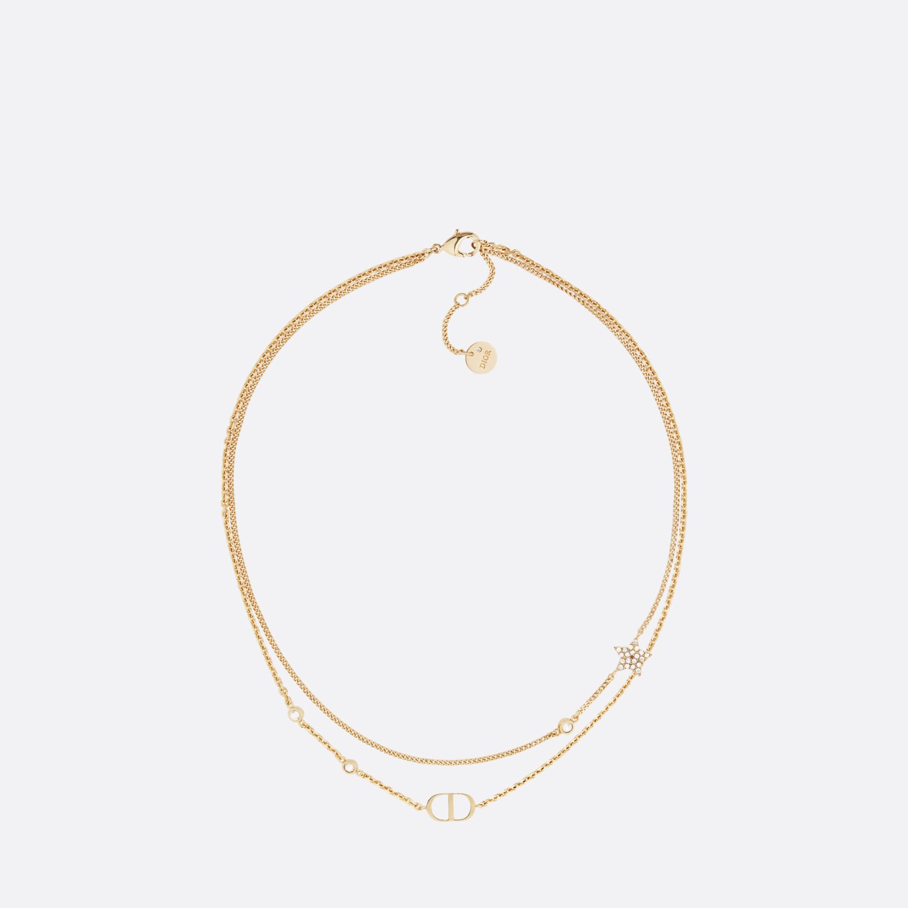 Fake Dior Petit CD Double Necklace Gold-Finish Metal and White Crystals