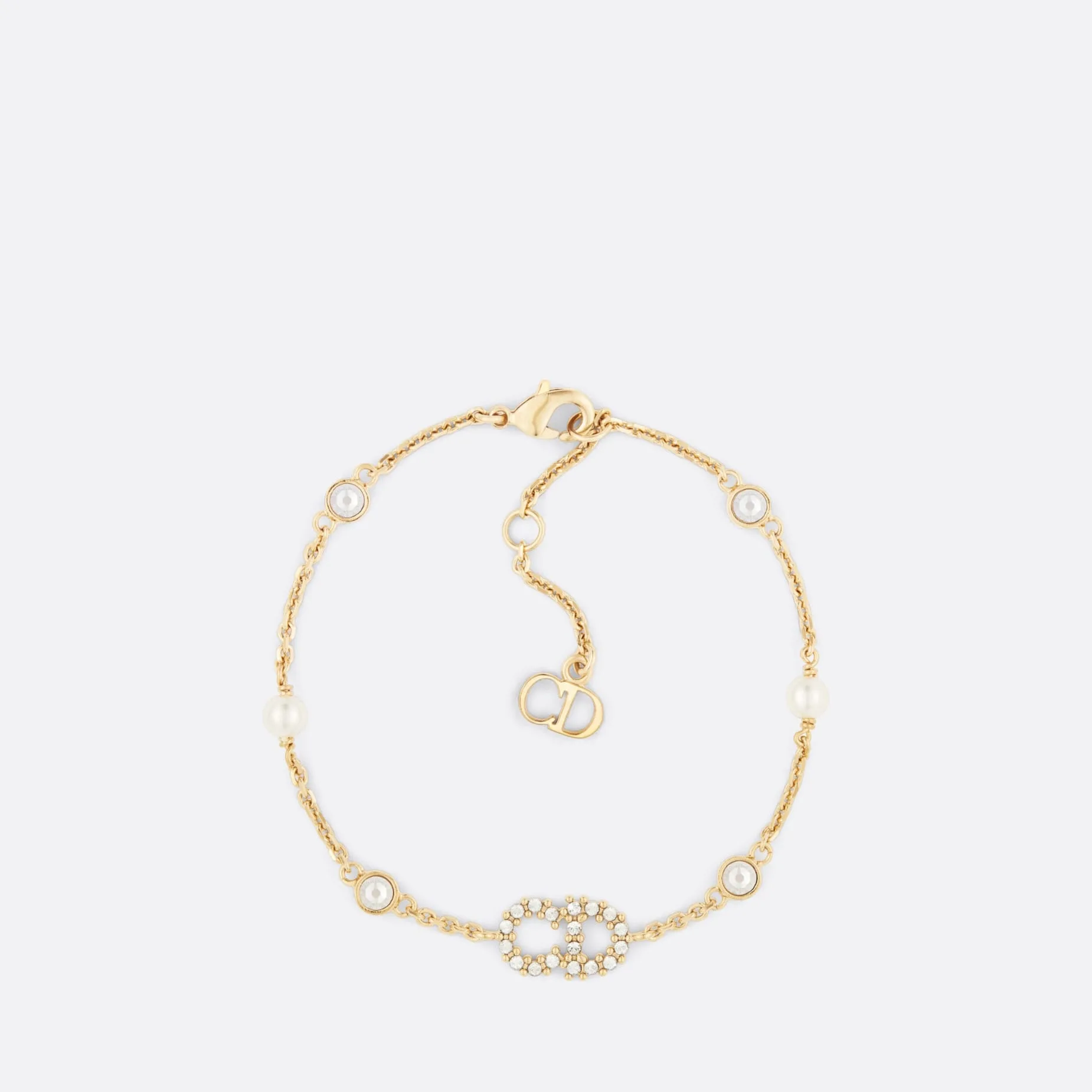 Clair D Lune Fake Dior Bracelet Gold-Finish Metal White Resin Pearls and White Crystals