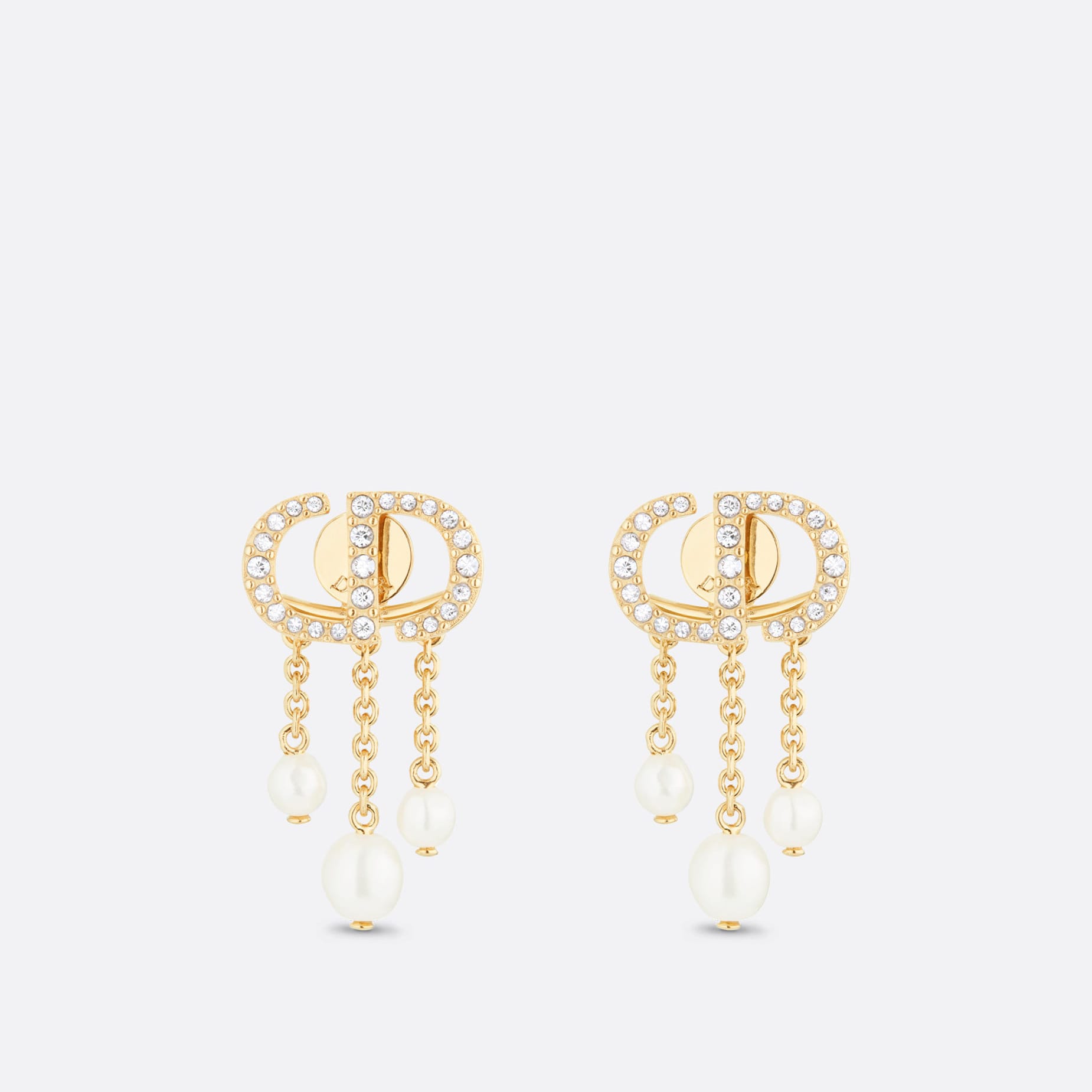 Petit CD Fake Dior Earrings Gold-Finish Metal White Resin Pearls and White Crystals