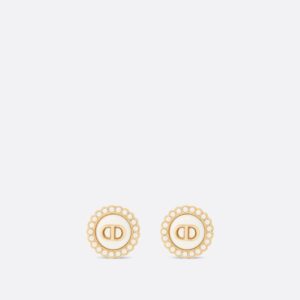 Petit CD Baroque Stud Dior Earrings Gold-Finish Metal with White Resin Pearls and Latte Glass