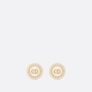 Petit CD Baroque Clip-On Stud Dior Earrings Gold-Finish Metal with White Resin Pearls and Latte Glass