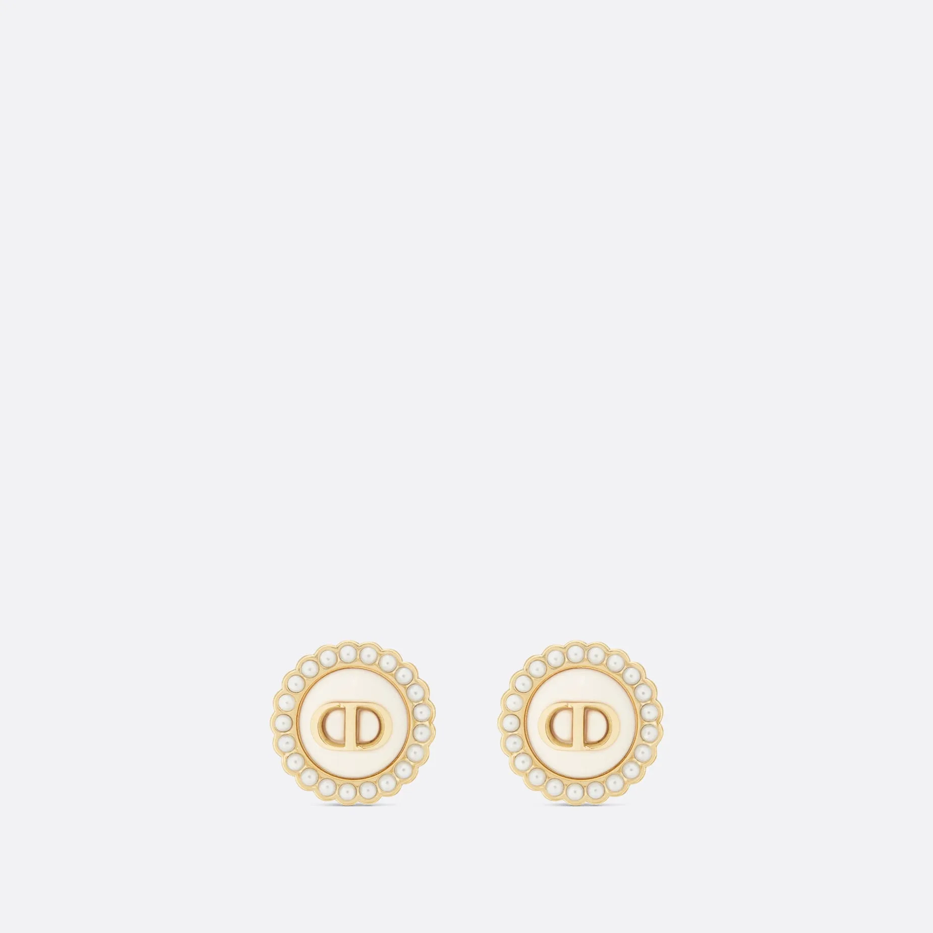 Petit CD Baroque Clip-On Stud Fake Dior Earrings Gold-Finish Metal with White Resin Pearls and Latte Glass