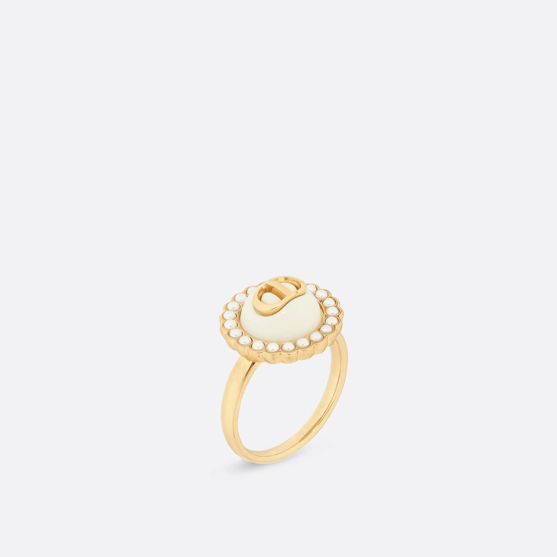 Fake Dior Petit CD Baroque Ring Gold-Finish Metal with White Resin Pearls and Latte Glass