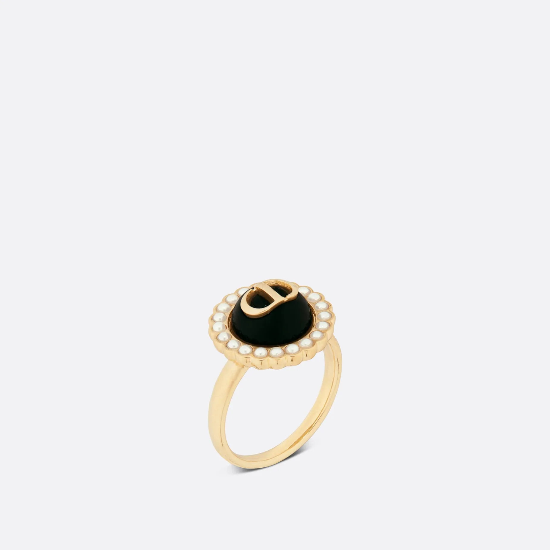Fake Dior Petit CD Baroque Ring Gold-Finish Metal with White Resin Pearls and Black Glass