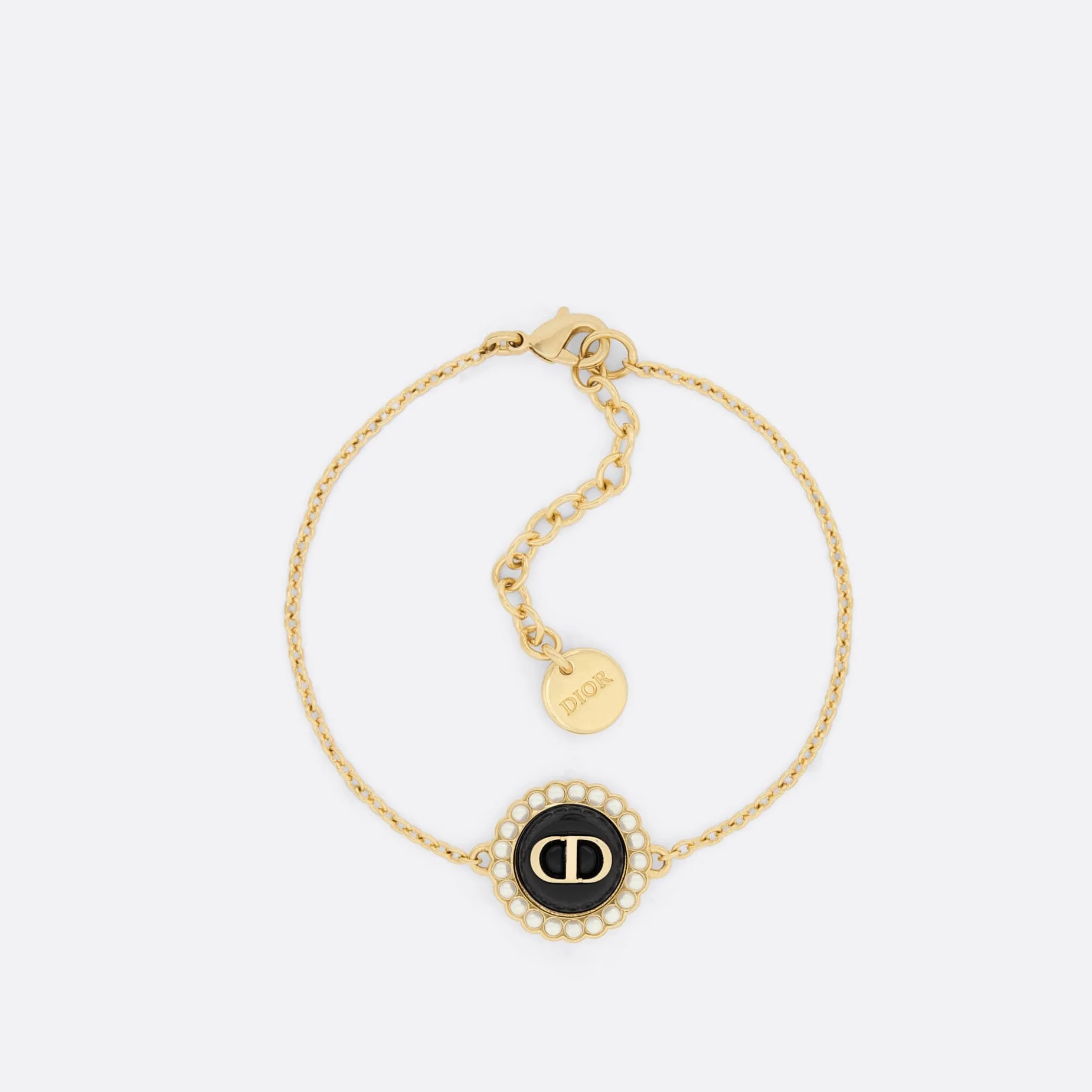 Fake Dior Petit CD Baroque Bracelet Gold-Finish Metal with White Resin Pearls and Black Glass