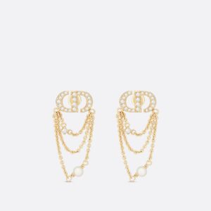 Petit CD Dior Earrings Gold-Finish Metal with White Resin Pearls and Silver-Tone Crystals