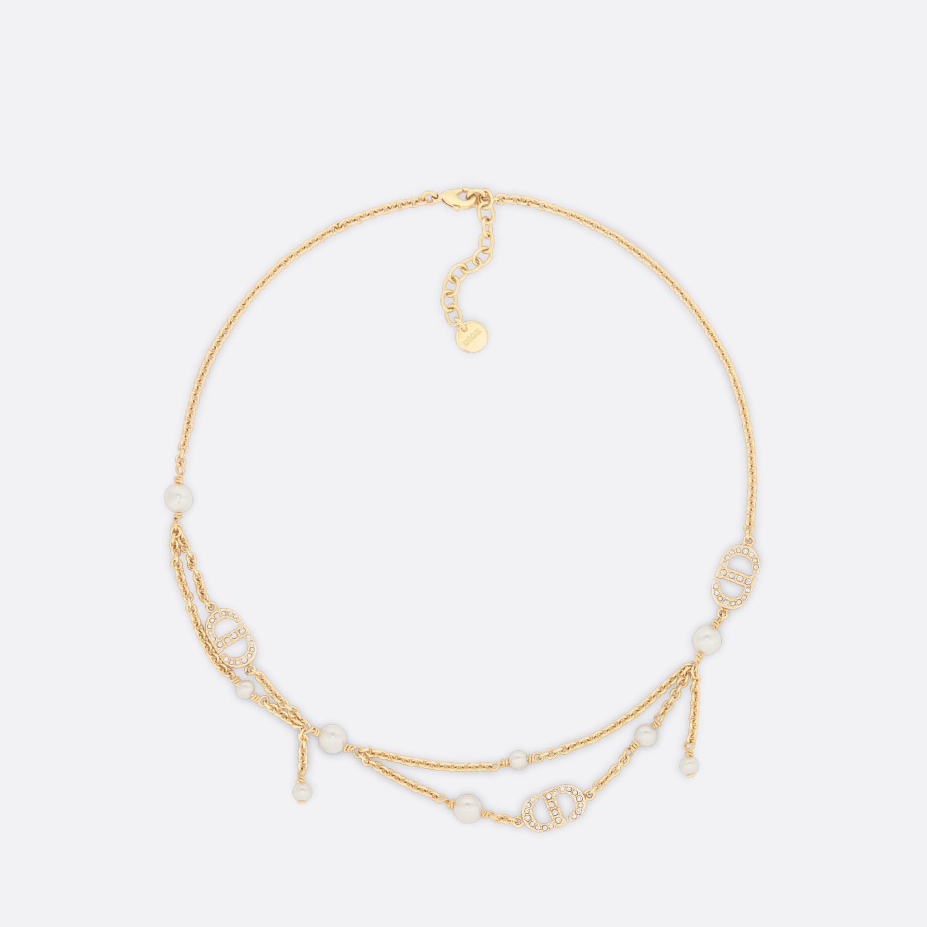 Fake Dior Petit CD Necklace Gold-Finish Metal with White Resin Pearls and Silver-Tone Crystals