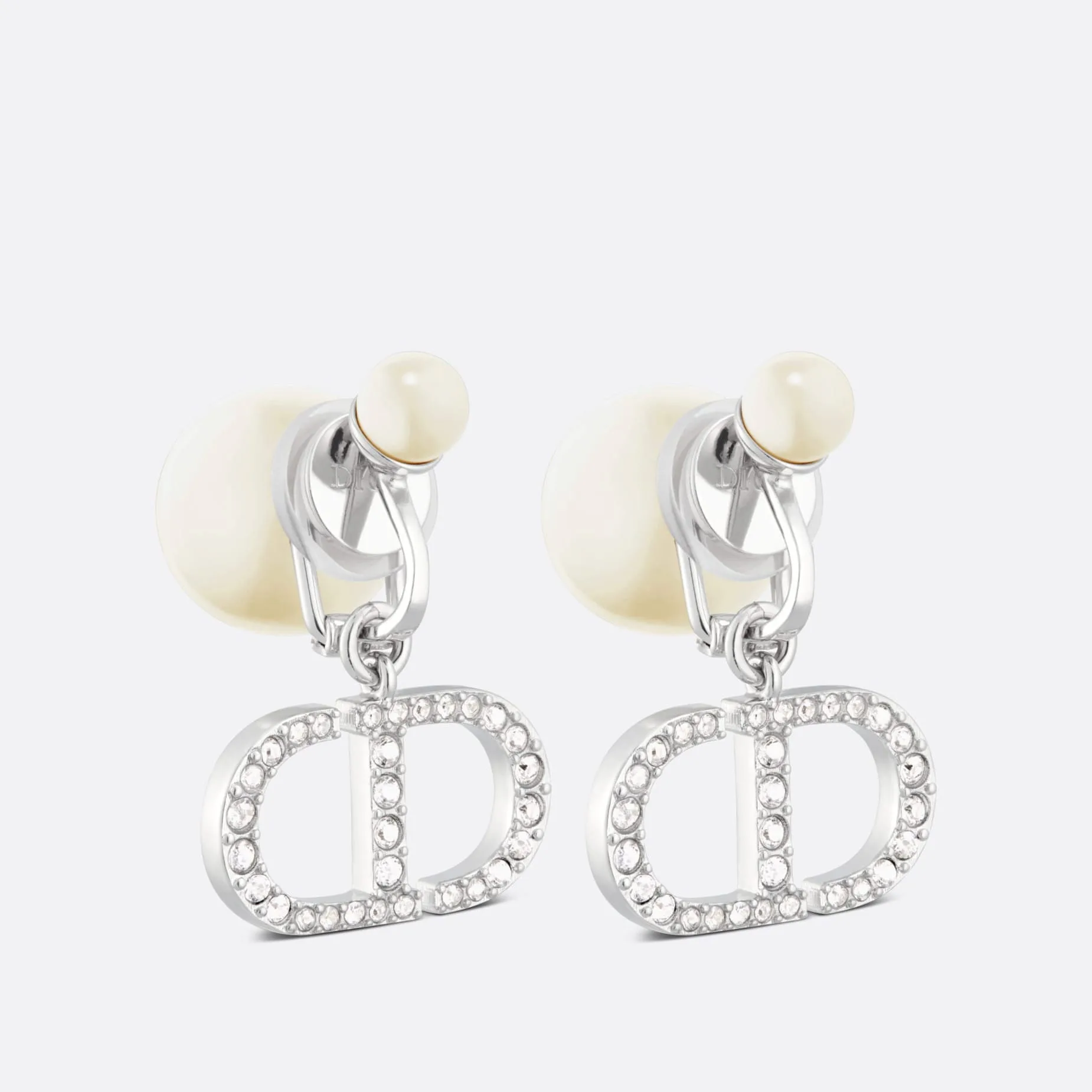 Fake Dior Tribales Clip Earrings Silver-Finish Metal with White Resin Pearls and Silver-Tone Crystals