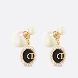 Dior Tribales Earrings Gold-Finish Metal with White Resin Pearls and Black Glass