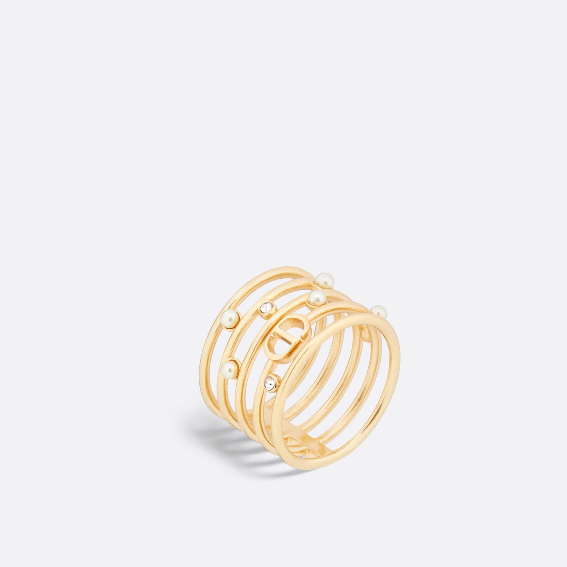 D-Backstage Fake Dior Ring Gold-Finish Metal with White Resin Pearls and Silver-Tone Crystals