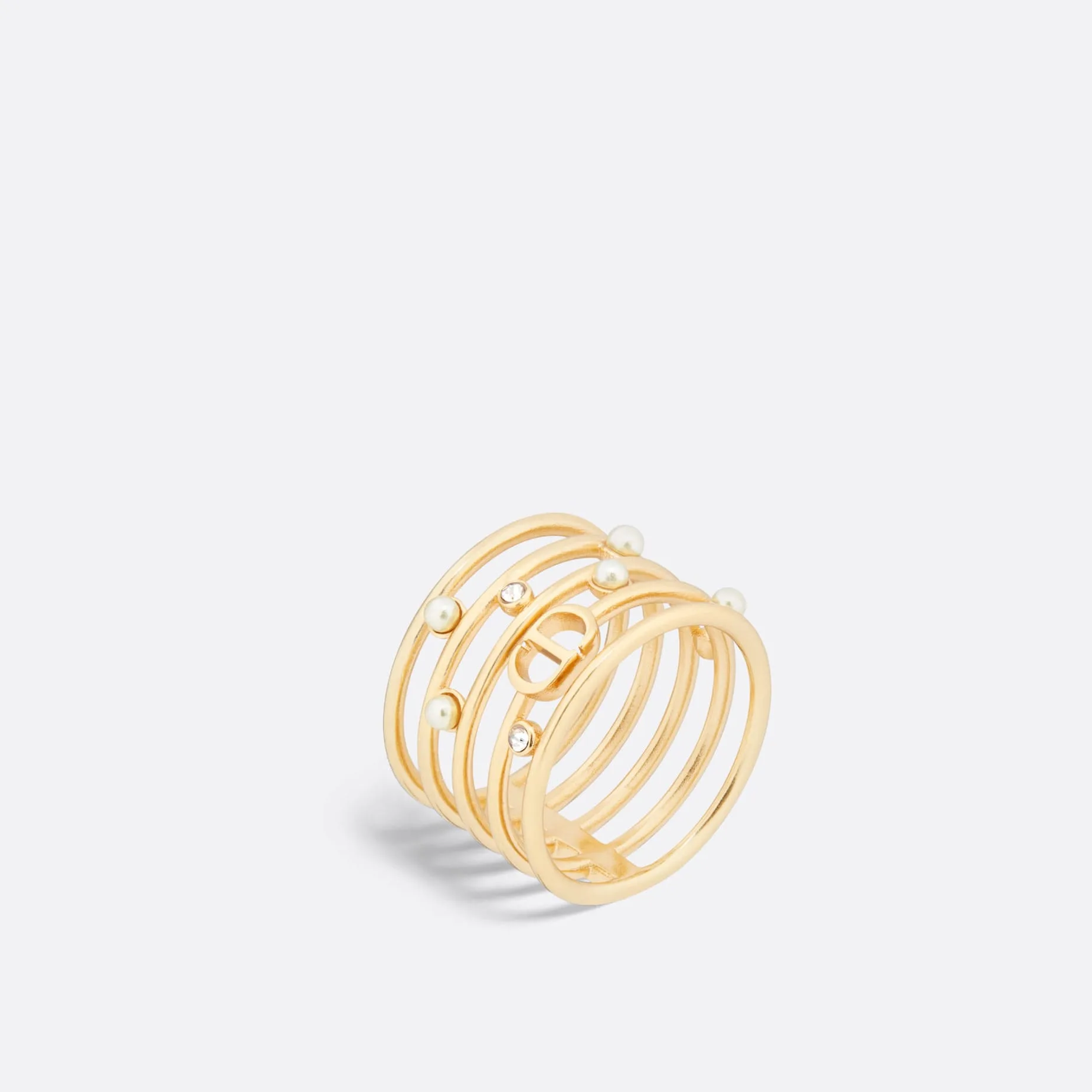 D-Backstage Fake Dior Ring Gold-Finish Metal with White Resin Pearls and Silver-Tone Crystals