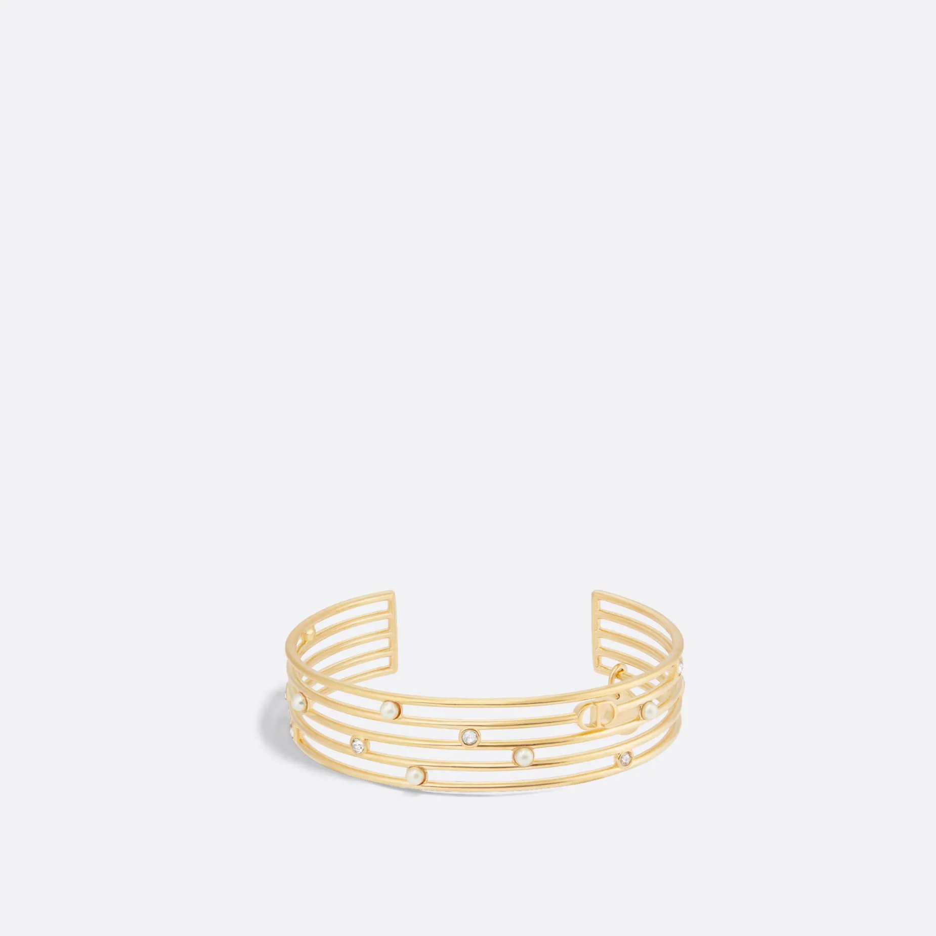 D-Backstage Fake Dior Cuff Gold-Finish Metal with White Resin Pearls and Silver-Tone Crystals