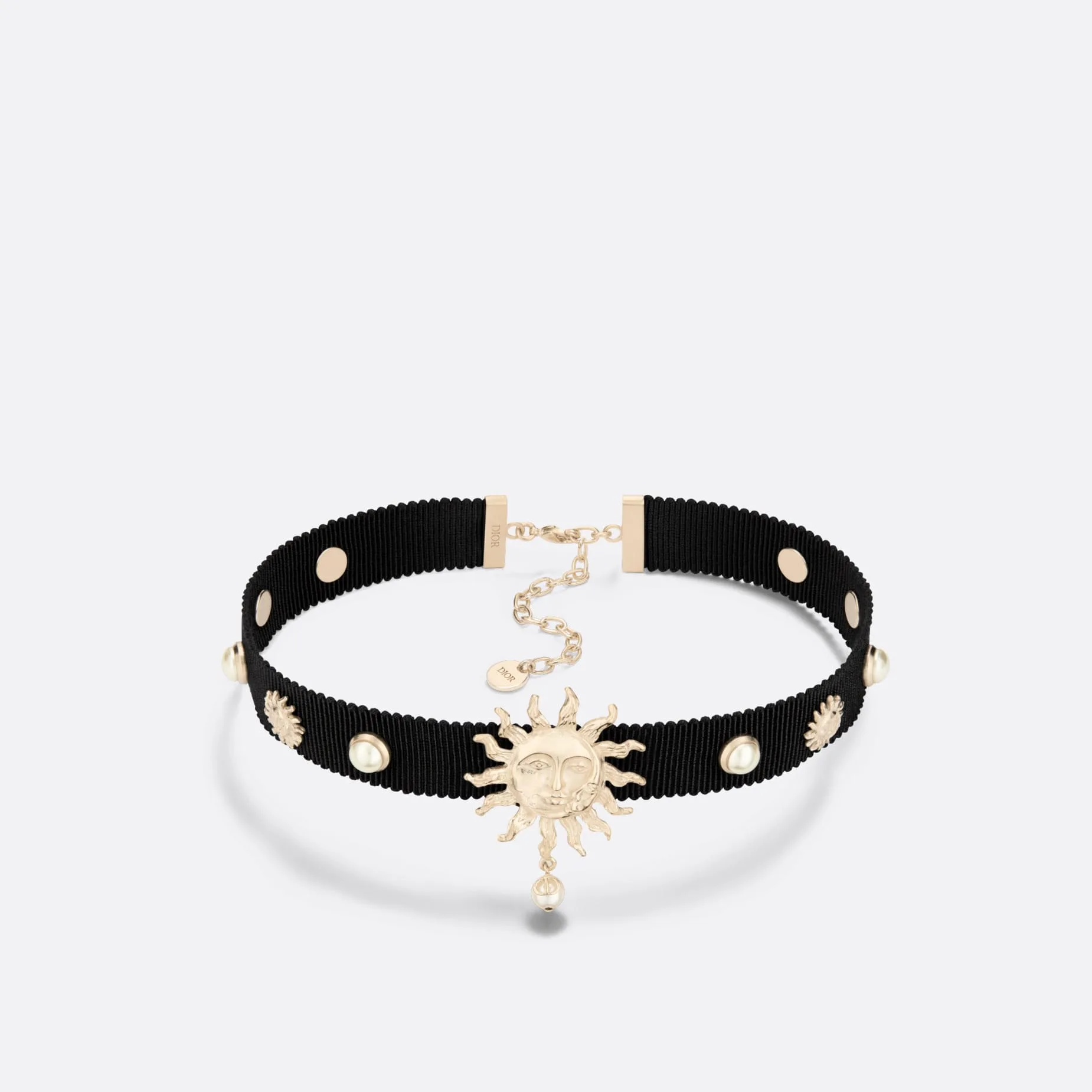 Toile de Jouy Soleil Fake Dior Choker Gold-Finish Metal with Black Grosgrain and White Resin Pearls