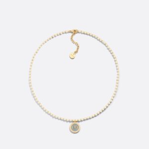 Dior Petit CD Baroque Necklace Gold-Finish Metal with White Resin Pearls and Sky Blue Glass