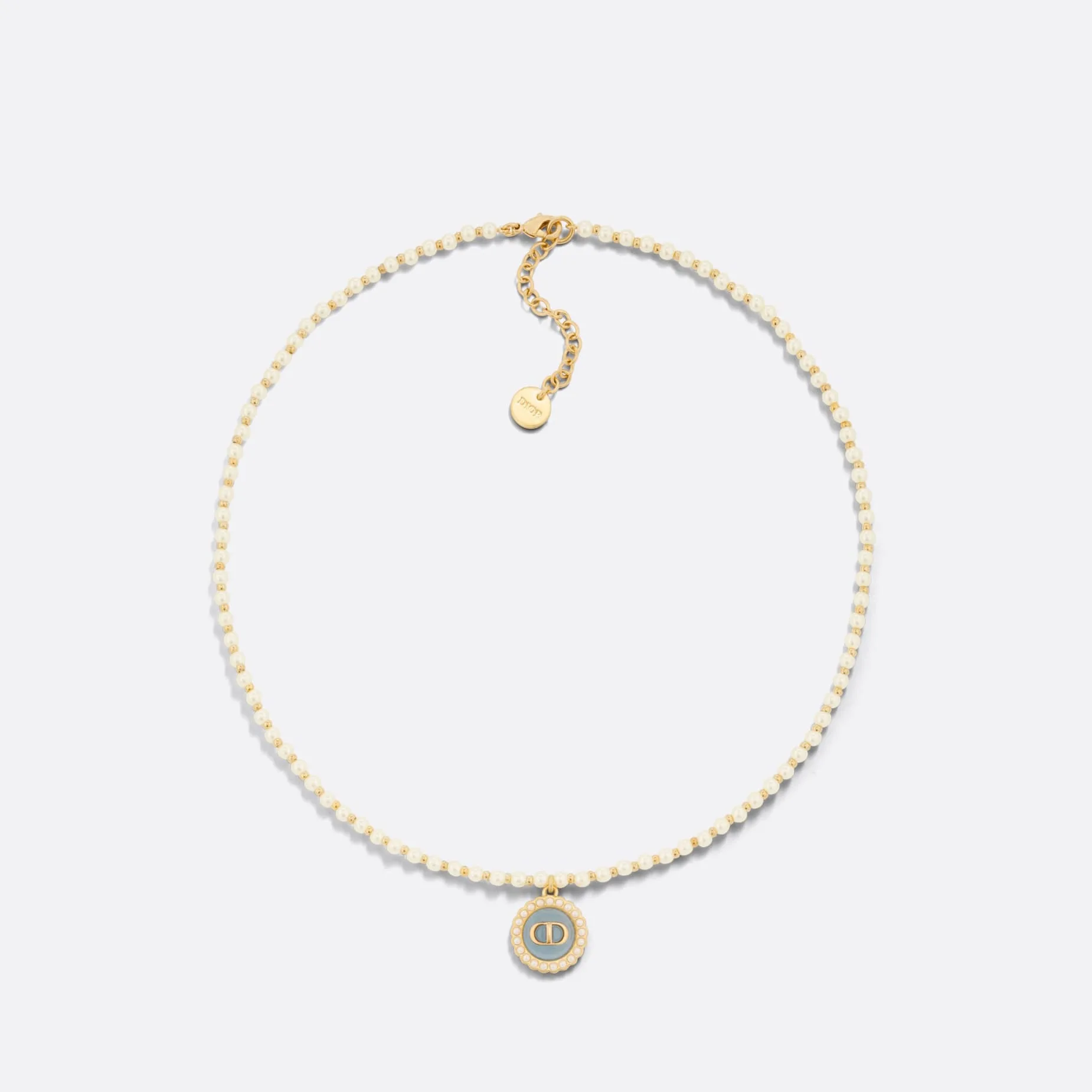 Fake Dior Petit CD Baroque Necklace Gold-Finish Metal with White Resin Pearls and Sky Blue Glass