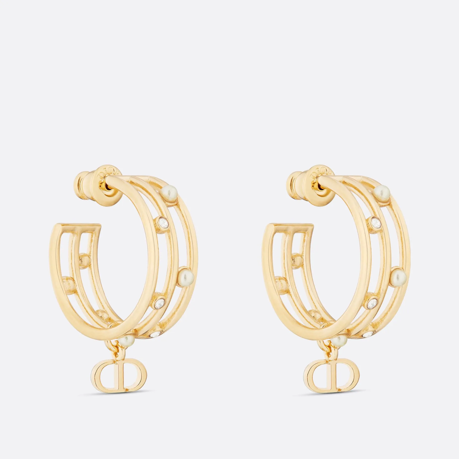 D-Backstage Fake Dior Earrings Gold-Finish Metal with White Resin Pearls and Silver-Tone Crystals