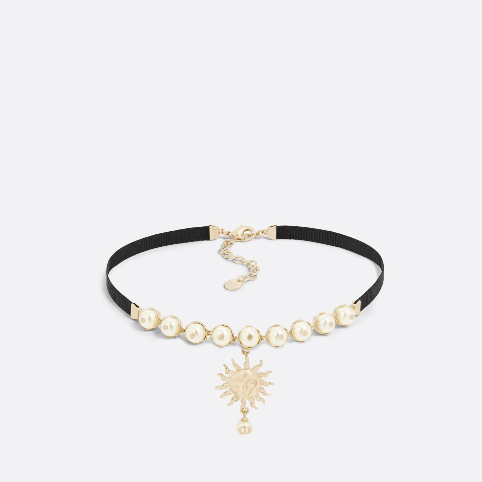 Toile de Jouy Soleil Fake Dior Choker Gold-Finish Metal with Black Grosgrain and White Resin Pearls