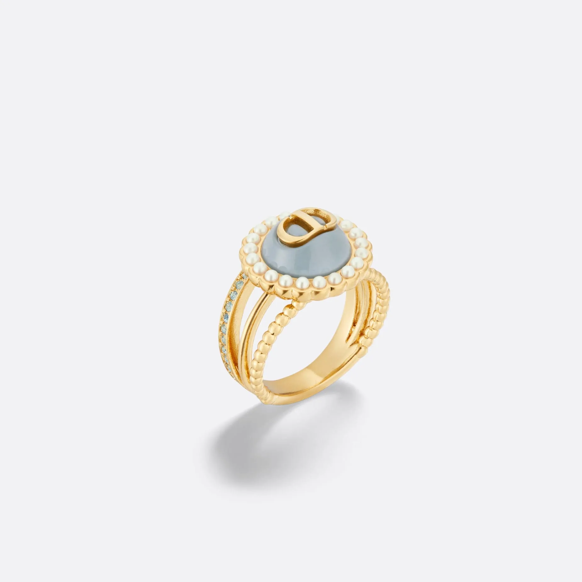 Fake Dior Petit CD Baroque Ring Gold-Finish Metal with White Resin Pearls Pale Turquoise Glass and Crystals