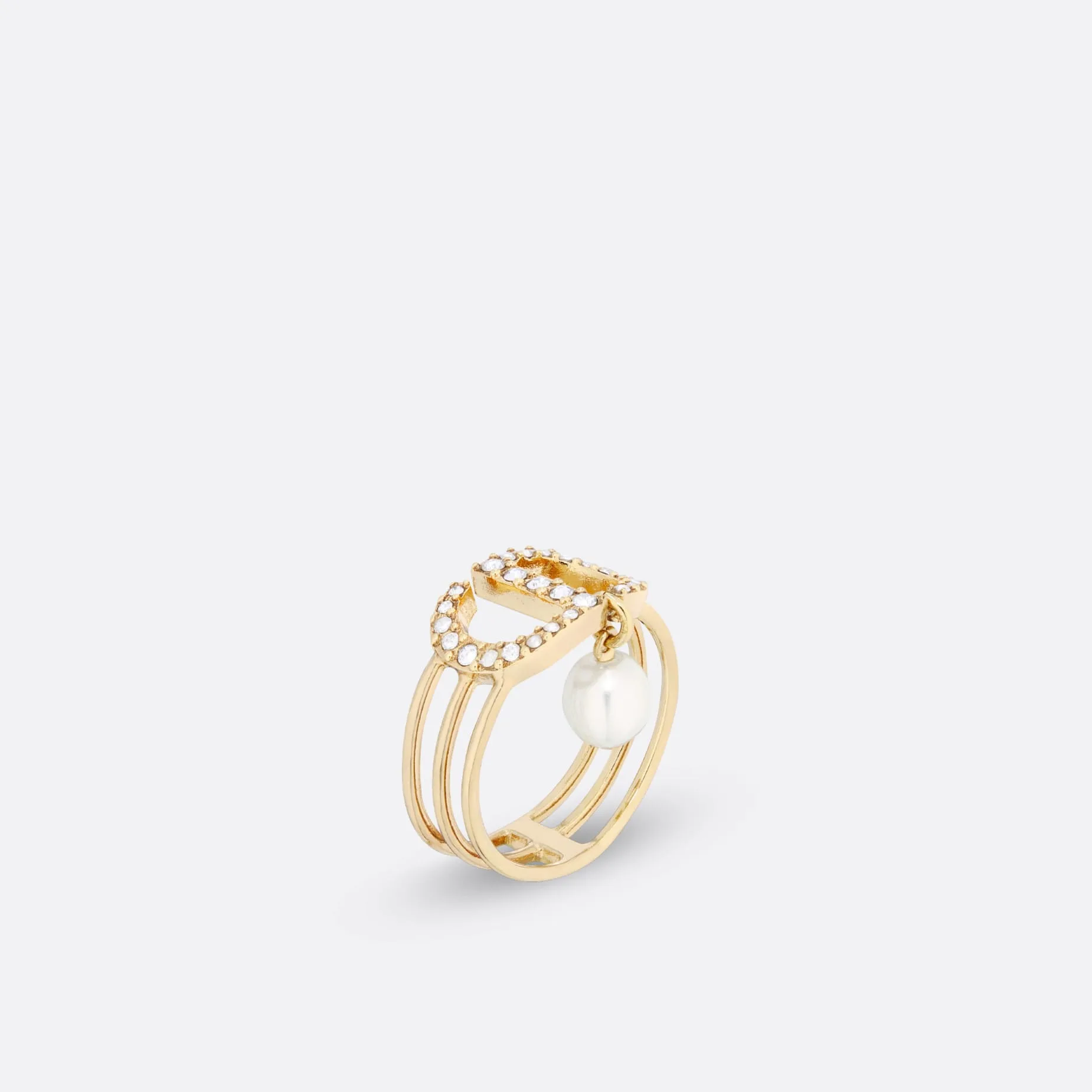 Fake Dior Petit CD Ring Gold-Finish Metal and White Crystals with a White Resin Pearl