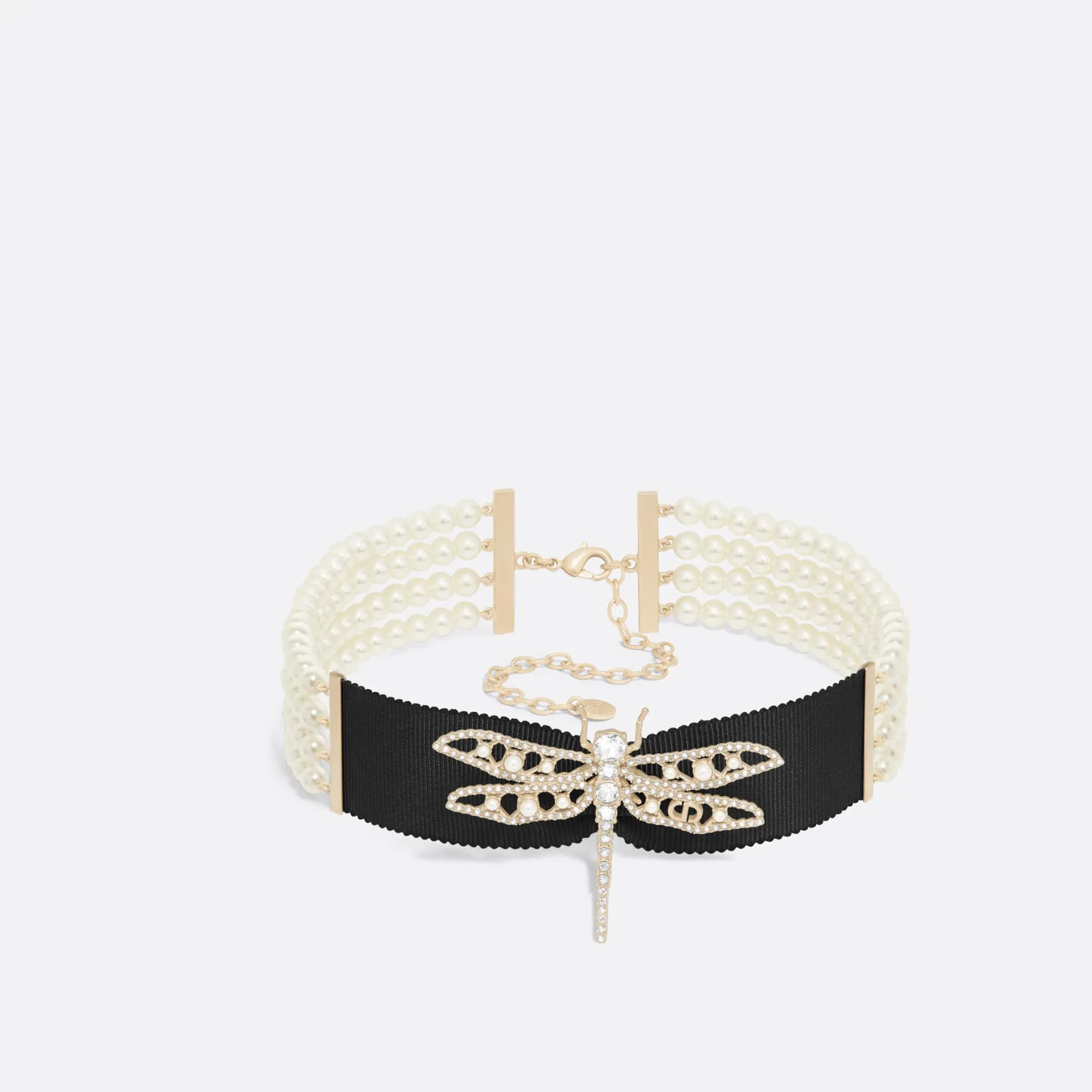 Fake Dior Night Herbarium Choker Matte Gold-Finish Metal with Black Grosgrain White Resin Pearls and Silver-Tone Crystals