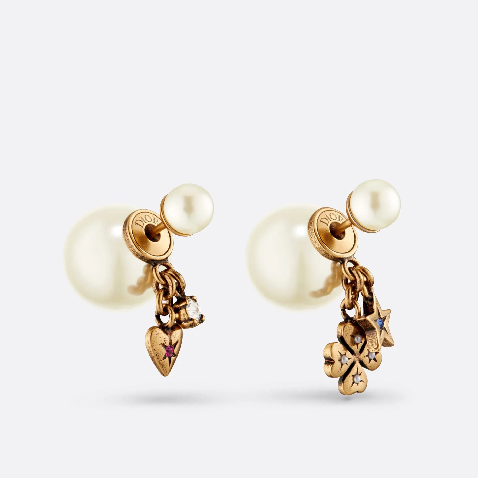 Fake Dior Tribales Earrings Antique Gold-Finish Metal with White Resin Pearls and Multicolor Crystals
