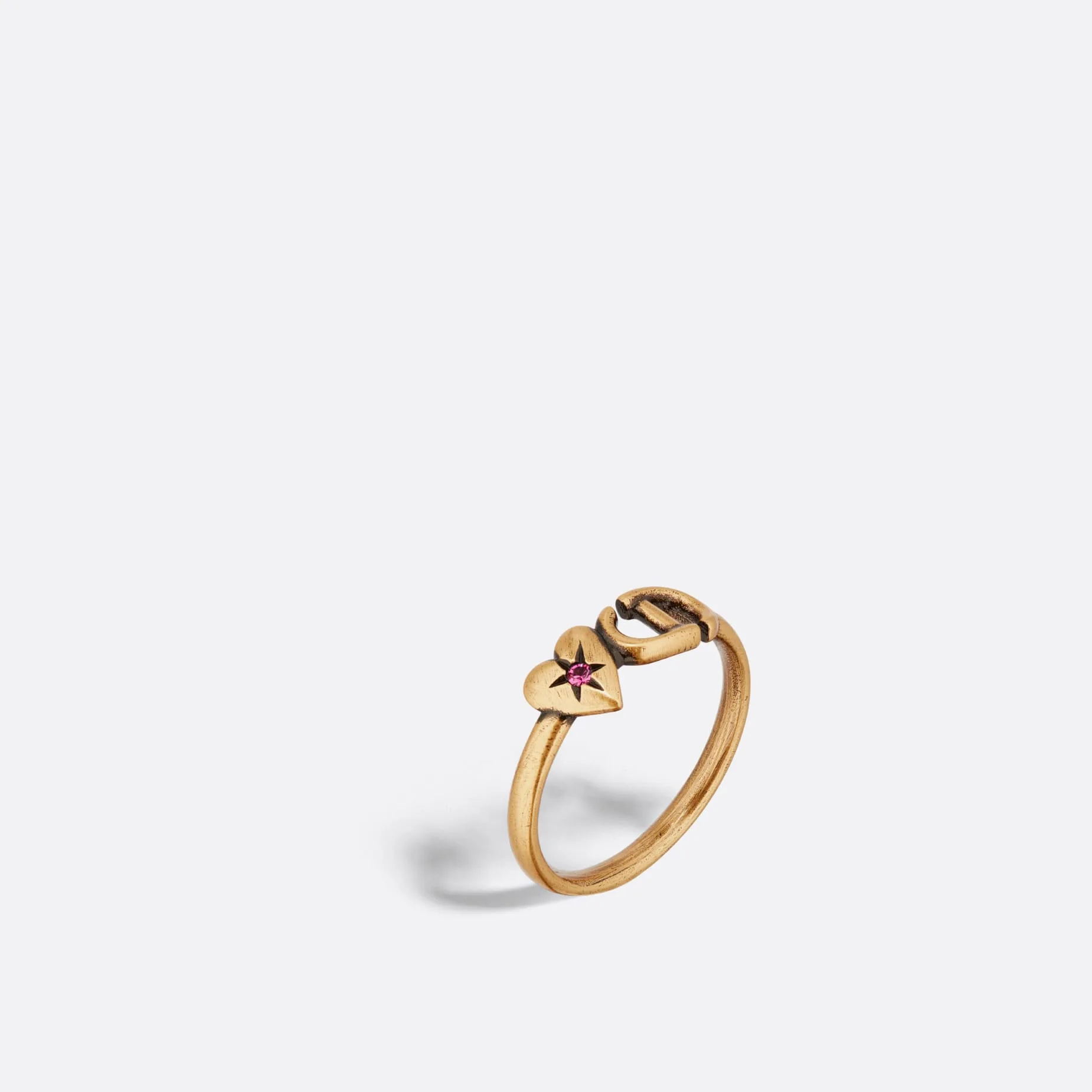 Fake Dior Lucky Charms Ring Antique Gold-Finish Metal and Pink Crystal