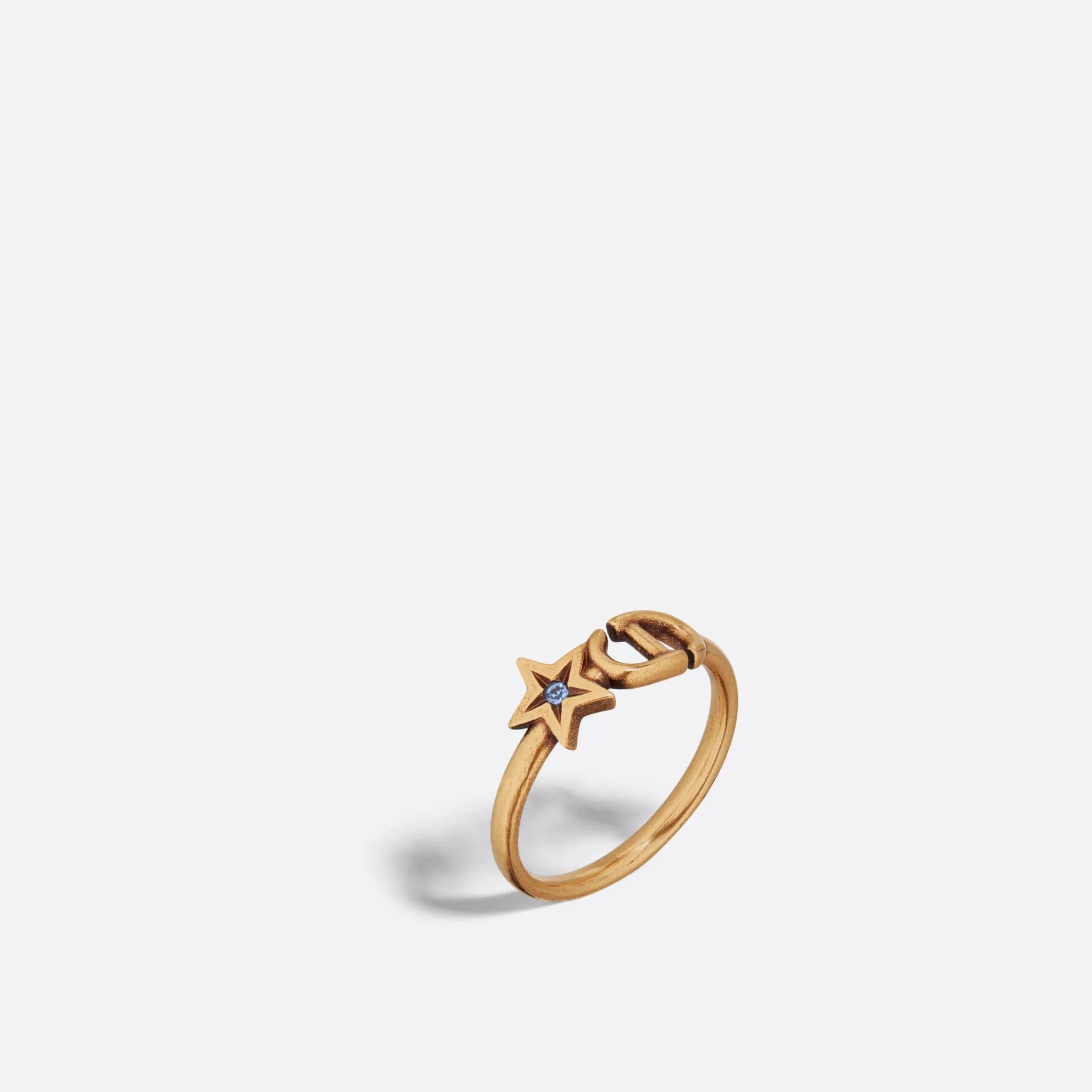 Fake Dior Lucky Charms Ring Antique Gold-Finish Metal and Blue Crystal