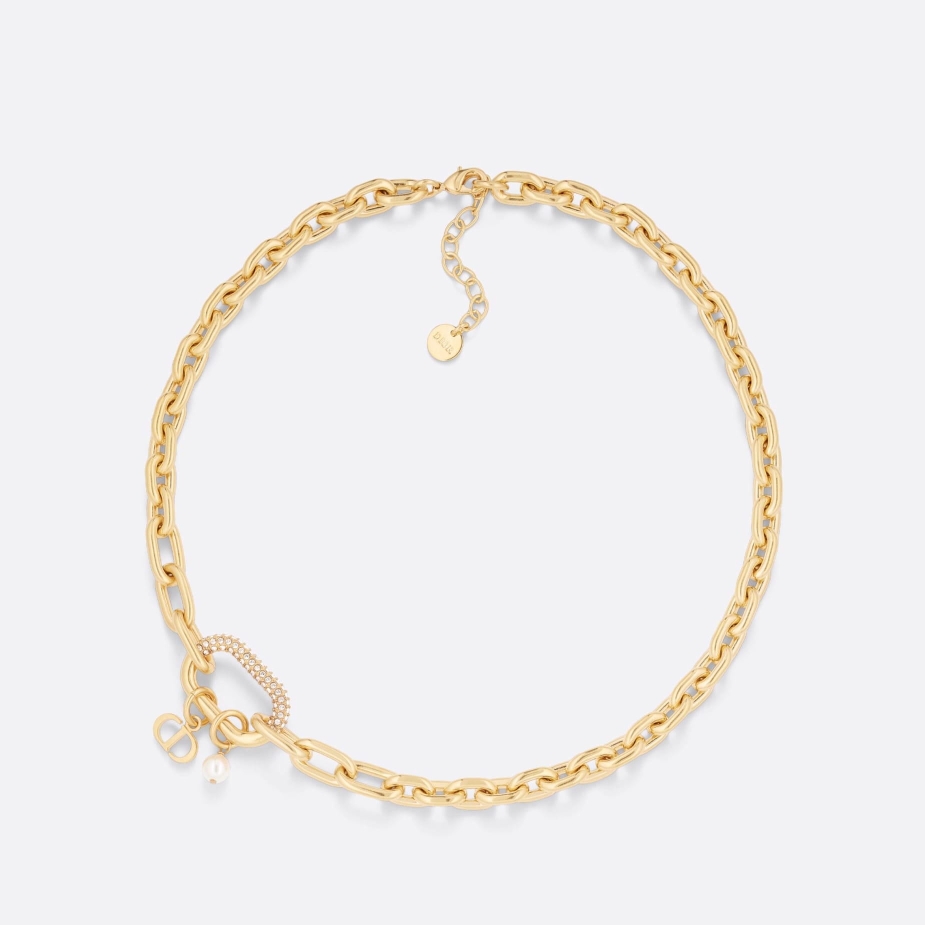 D-Fusion Fake Dior Necklace Gold-Finish Metal with a White Resin Pearl and Silver-Tone Crystals
