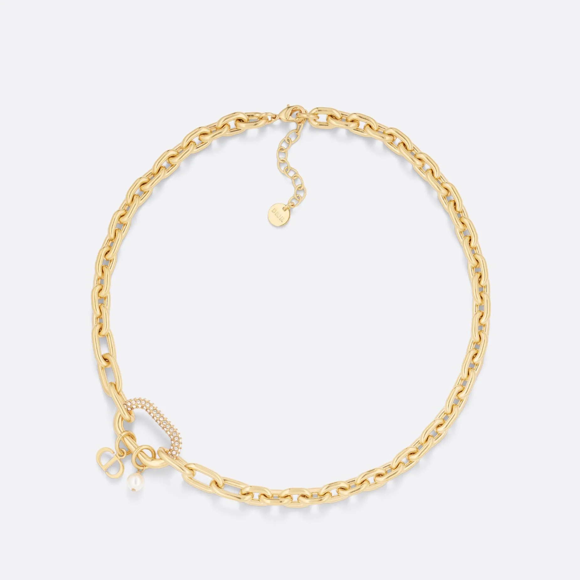 D-Fusion Fake Dior Necklace Gold-Finish Metal with a White Resin Pearl and Silver-Tone Crystals