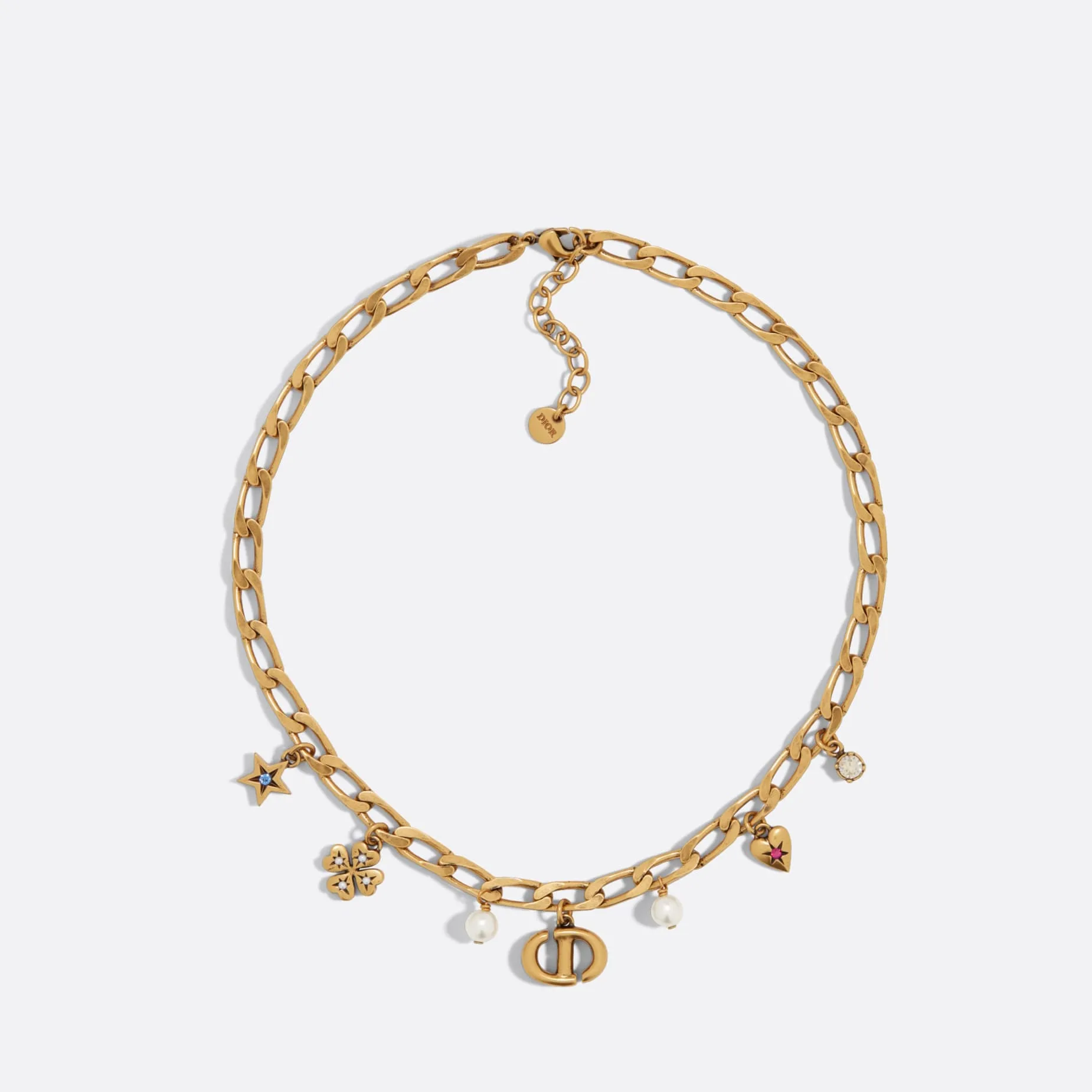Fake Dior Lucky Charms Necklace Antique Gold-Finish Metal with White Resin Pearls and Multicolor Crystals