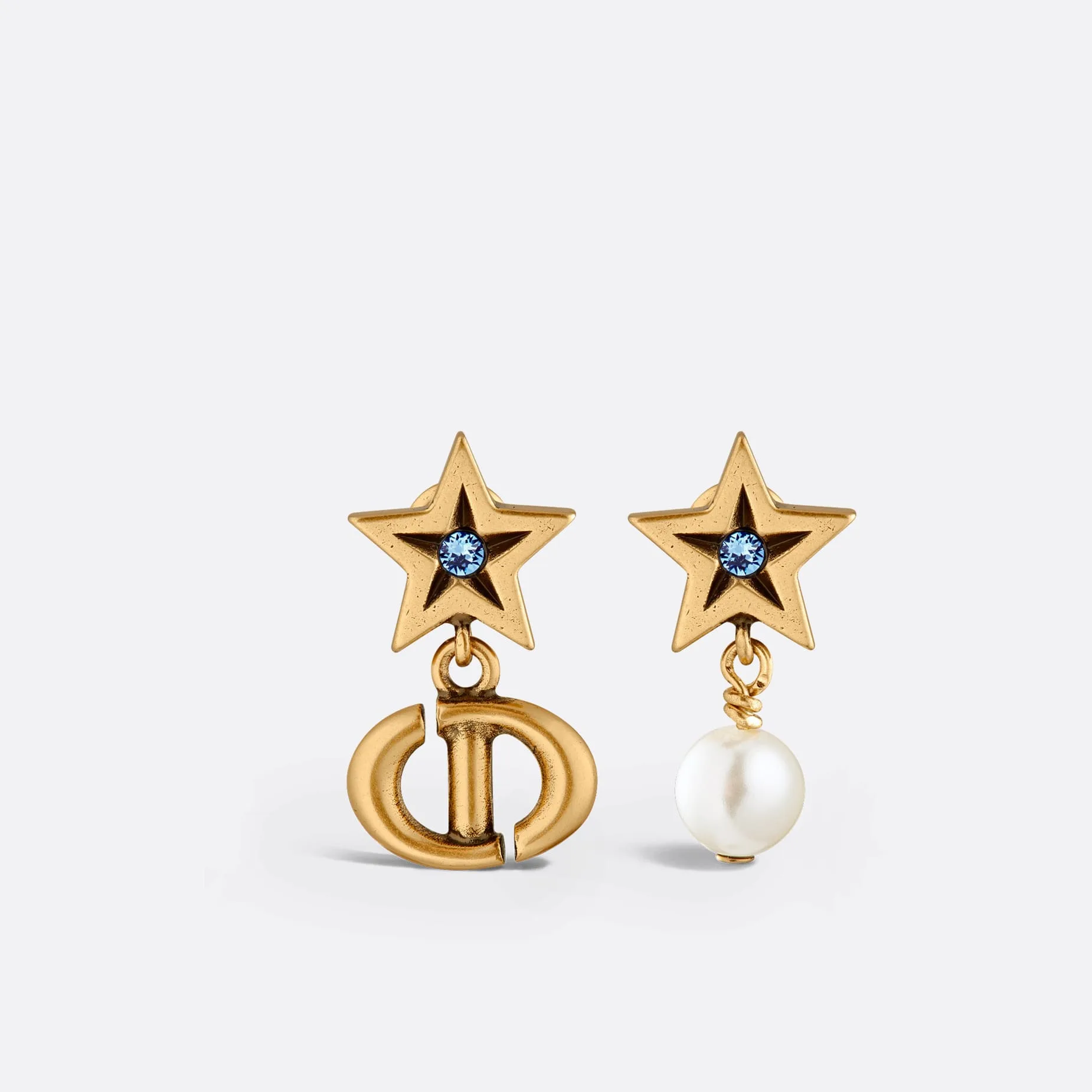 Fake Dior Lucky Charms Stud Earrings Antique Gold-Finish Metal White Resin Pearl and Blue Crystals