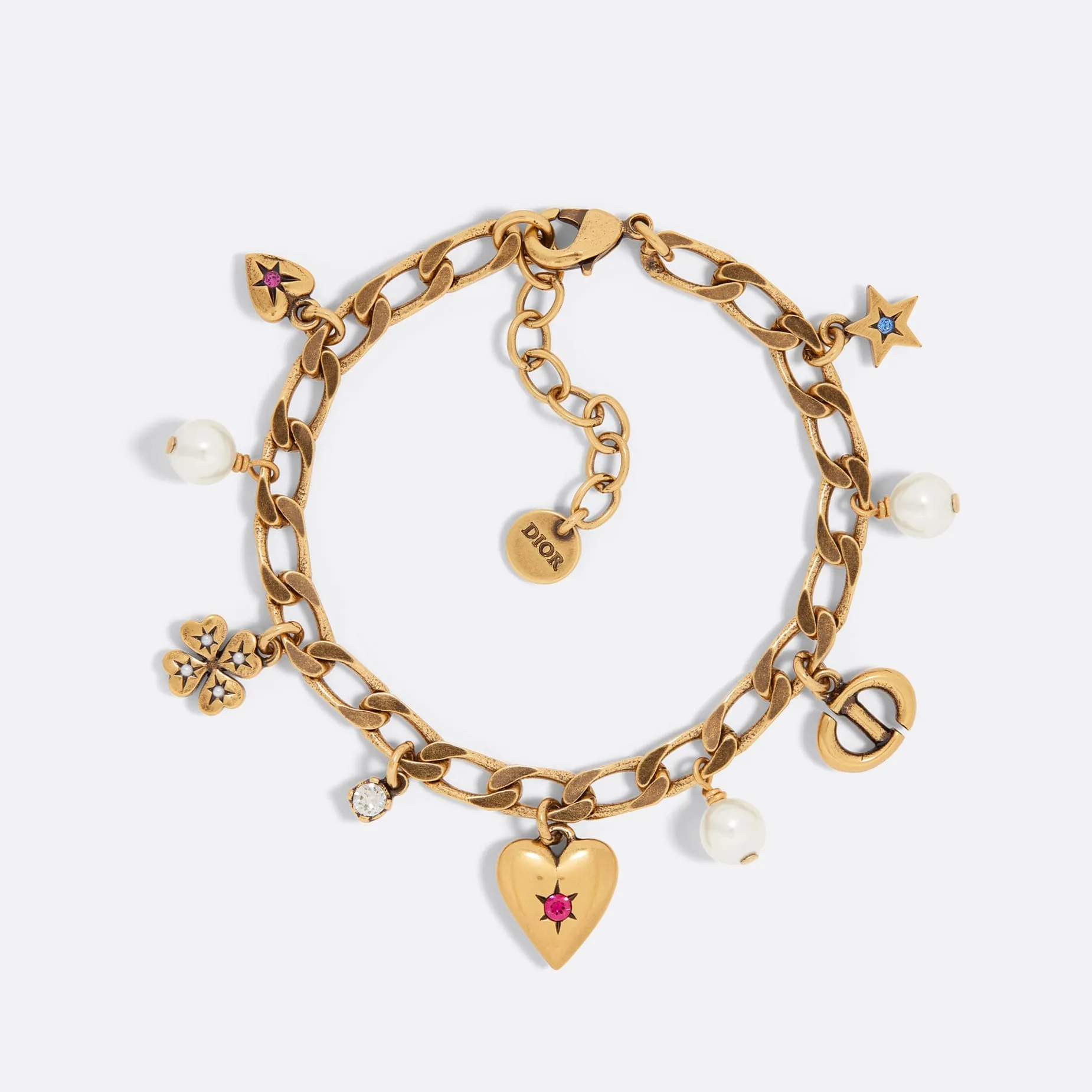 Fake Dior Lucky Charms Bracelet Antique Gold-Finish Metal with White Resin Pearls and Multicolor Crystals