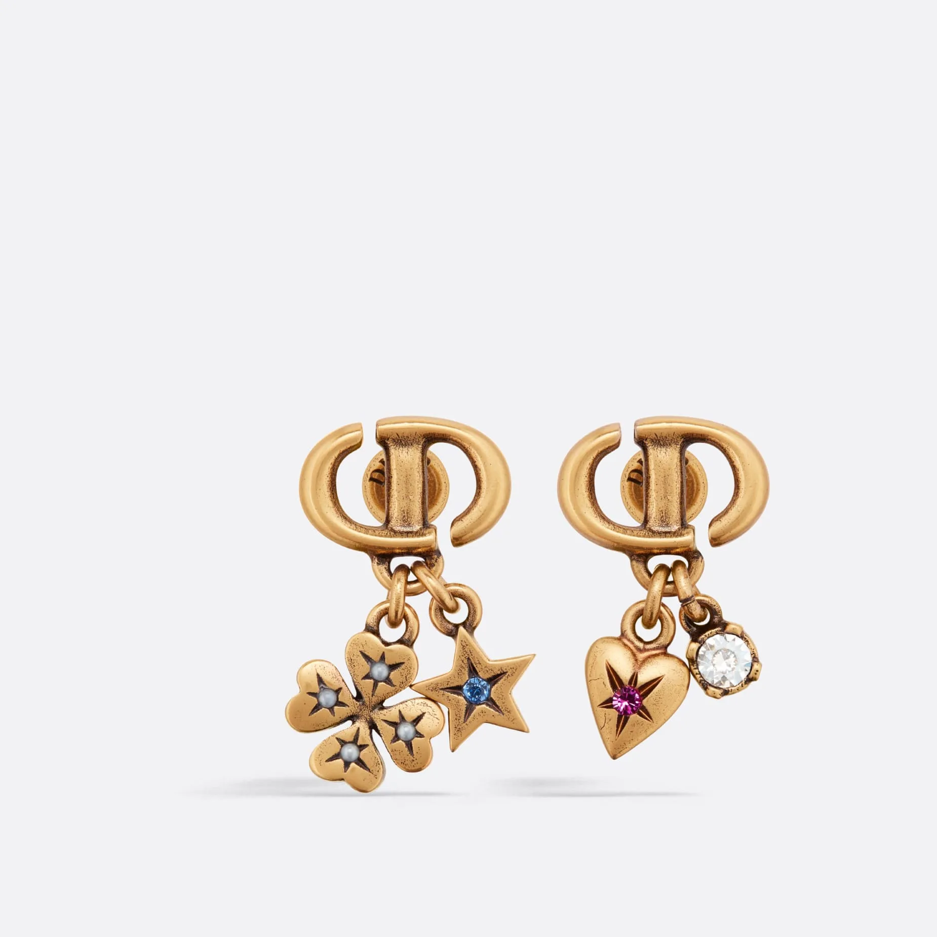Fake Dior Lucky Charms Earrings Antique Gold-Finish Metal with White Resin Pearls and Multicolor Crystals