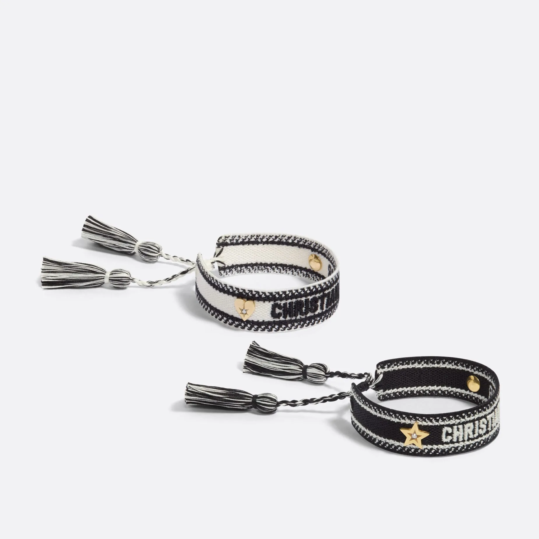 Christian Fake Dior Bracelet Set Black and White Embroidery with Gold-Finish Metal and White Crystals