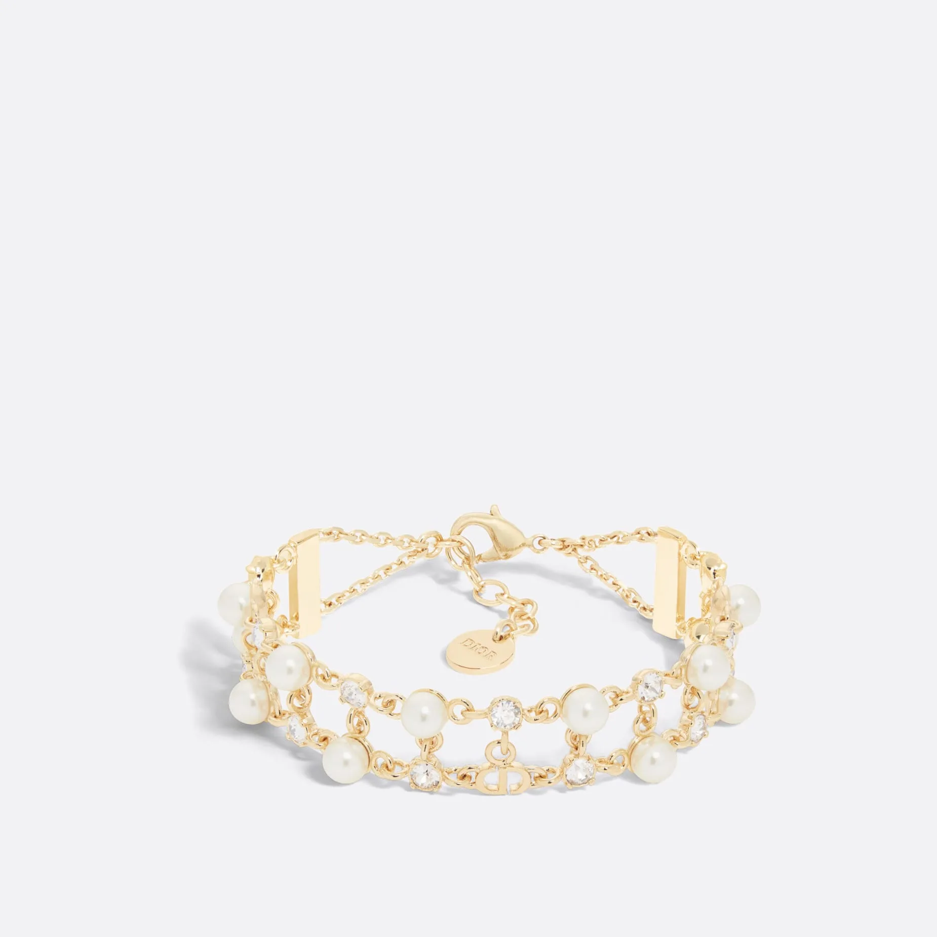 Fake Dior Petit CD Treasure Bracelet Gold-Finish Metal with White Resin Pearls and Silver-Tone Crystals