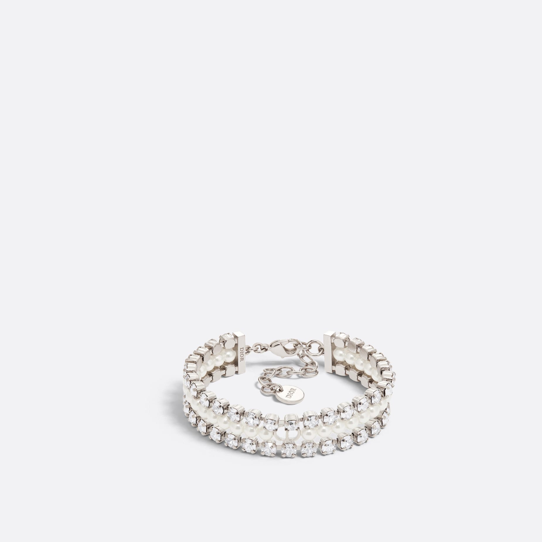 Fake Dior Sparkle Bracelet Palladium-Finish Metal with White Resin Pearls and Silver-Tone Crystals