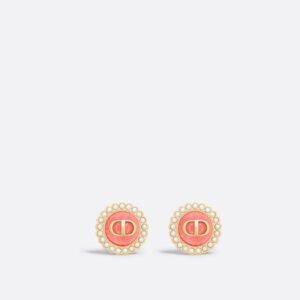 Dioriviera Petit CD Baroque Stud Earrings Gold-Finish Metal with White Resin Pearls and Coral Glass