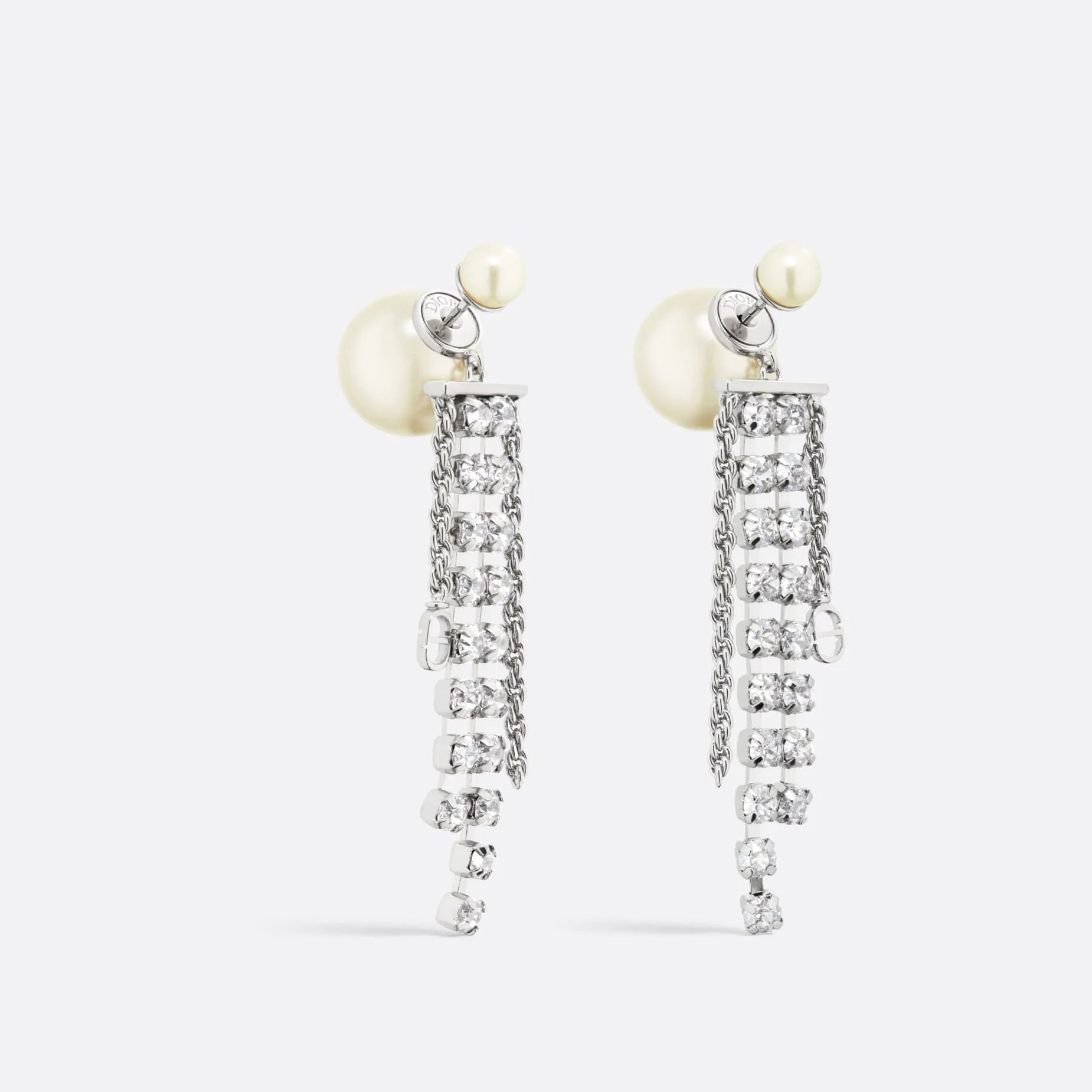 Fake Dior Tribales Earrings Palladium-Finish Metal with White Resin Pearls and Silver-Tone Crystals