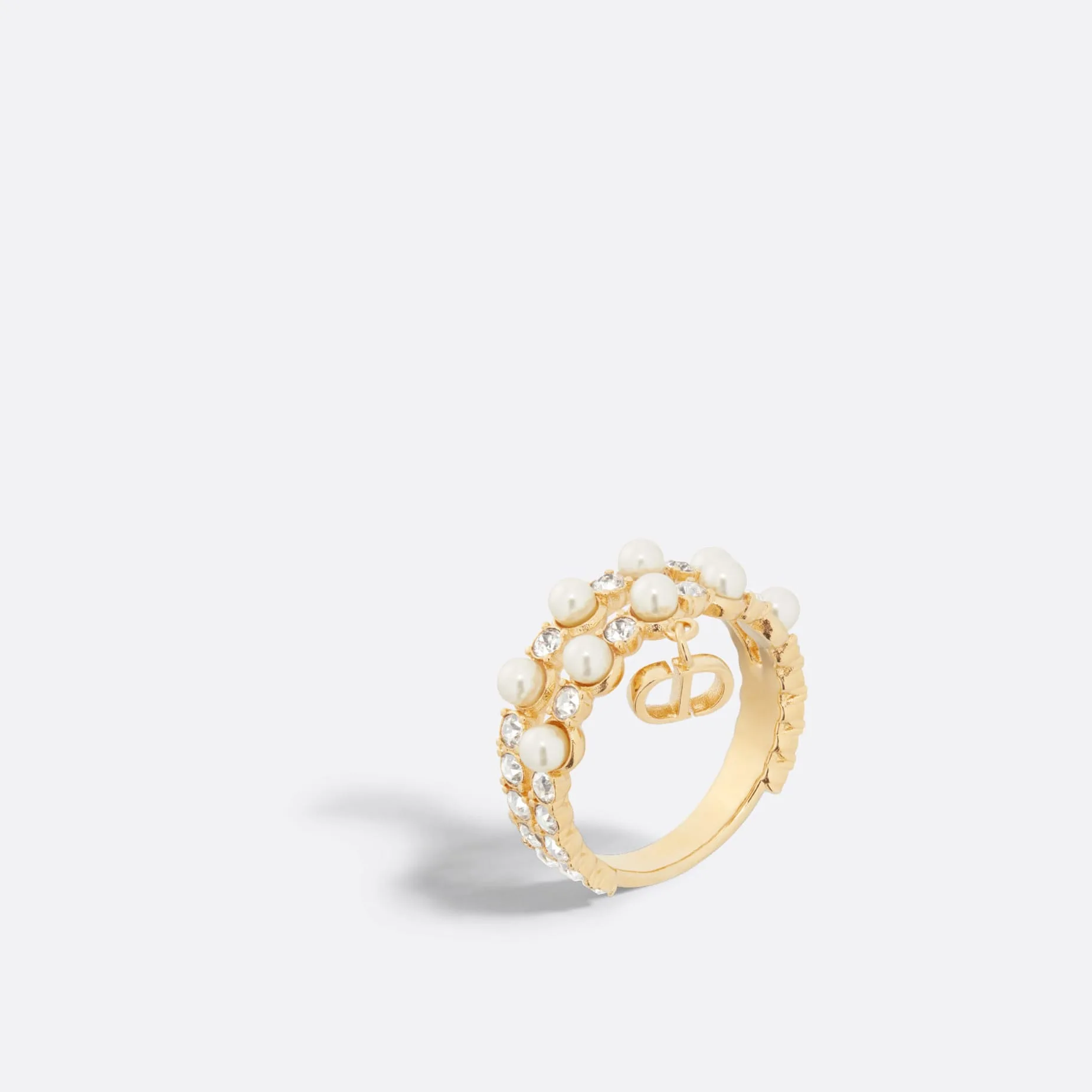 Fake Dior Petit CD Treasure Ring Gold-Finish Metal with White Resin Pearls and Silver-Tone Crystals