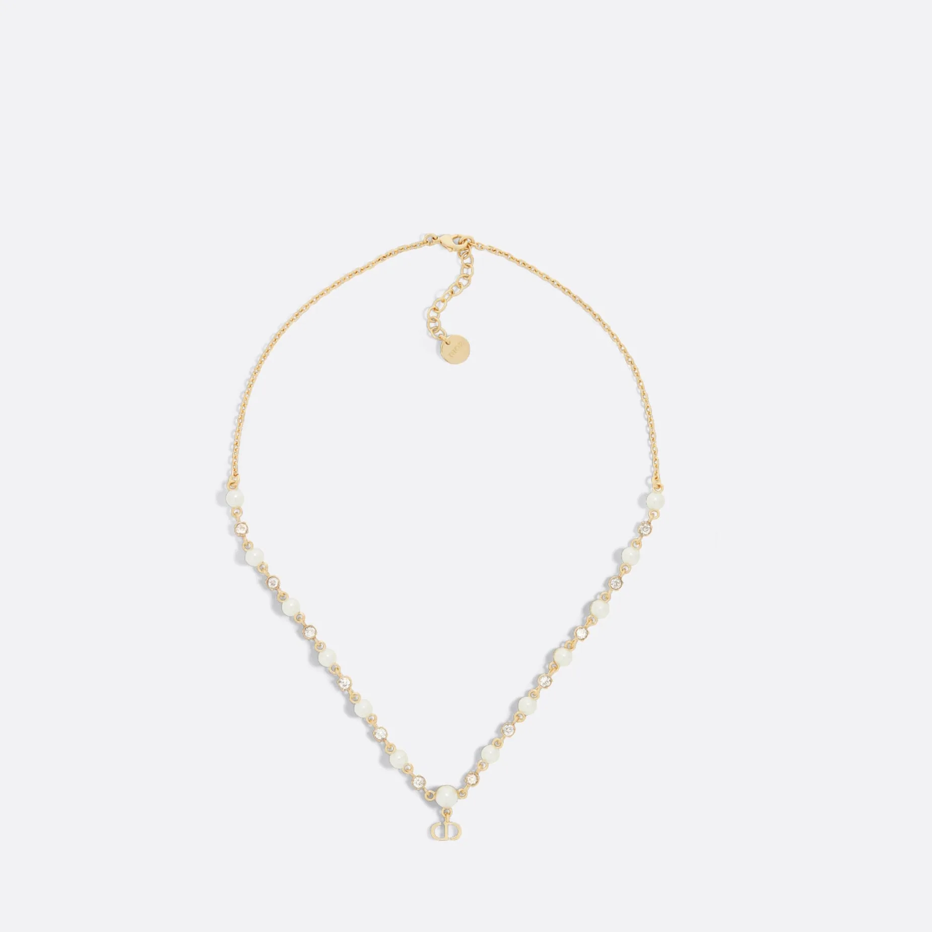 Fake Dior Petit CD Treasure Necklace Gold-Finish Metal with White Resin Pearls and Silver-Tone Crystals