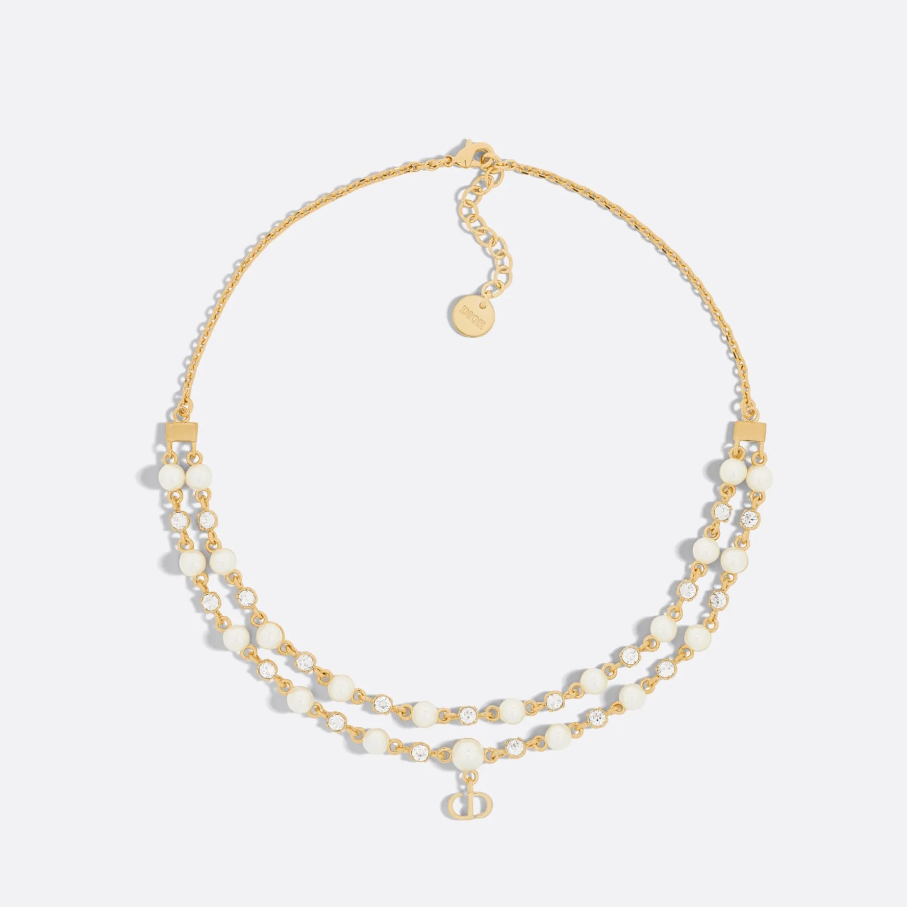 Fake Dior Petit CD Treasure Necklace Gold-Finish Metal with White Resin Pearls and Silver-Tone Crystals