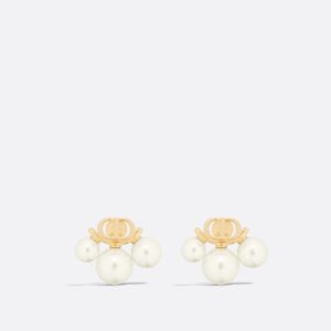 Dior Triptyque Stud Earrings Gold-Finish Metal and White Resin Pearls