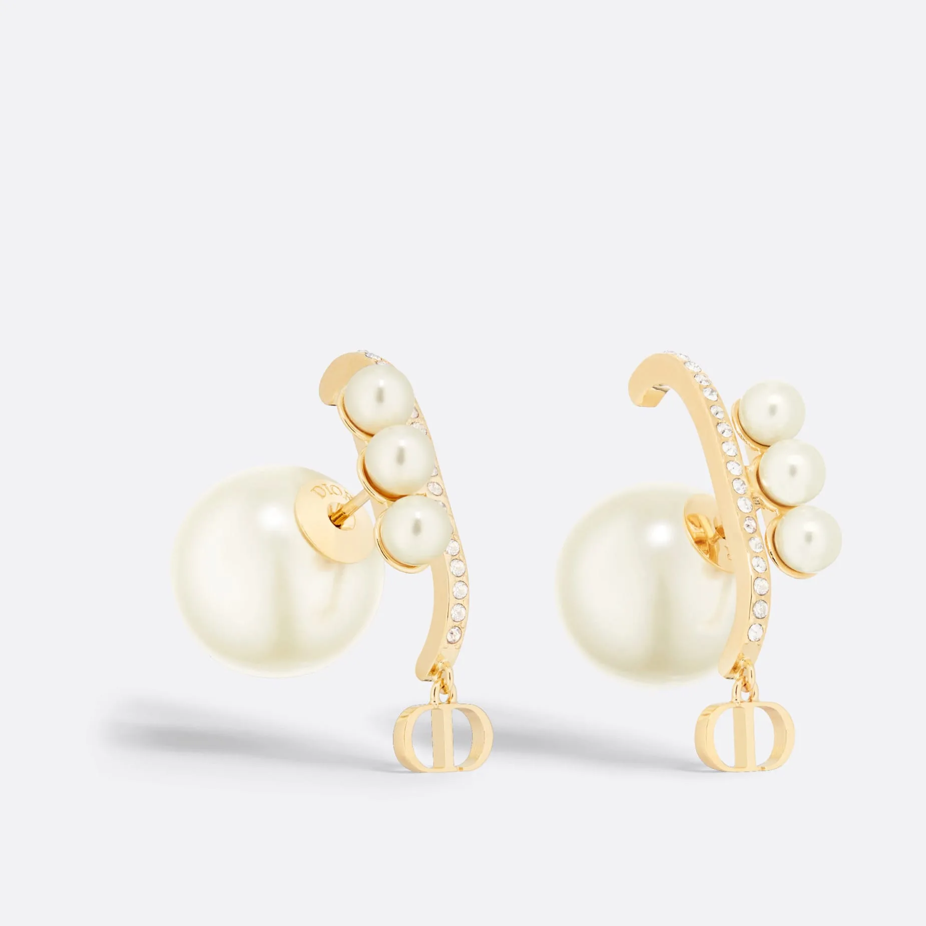 Fake Dior Tribales Earrings Gold-Finish Metal with White Resin Pearls and Silver-Tone Crystals