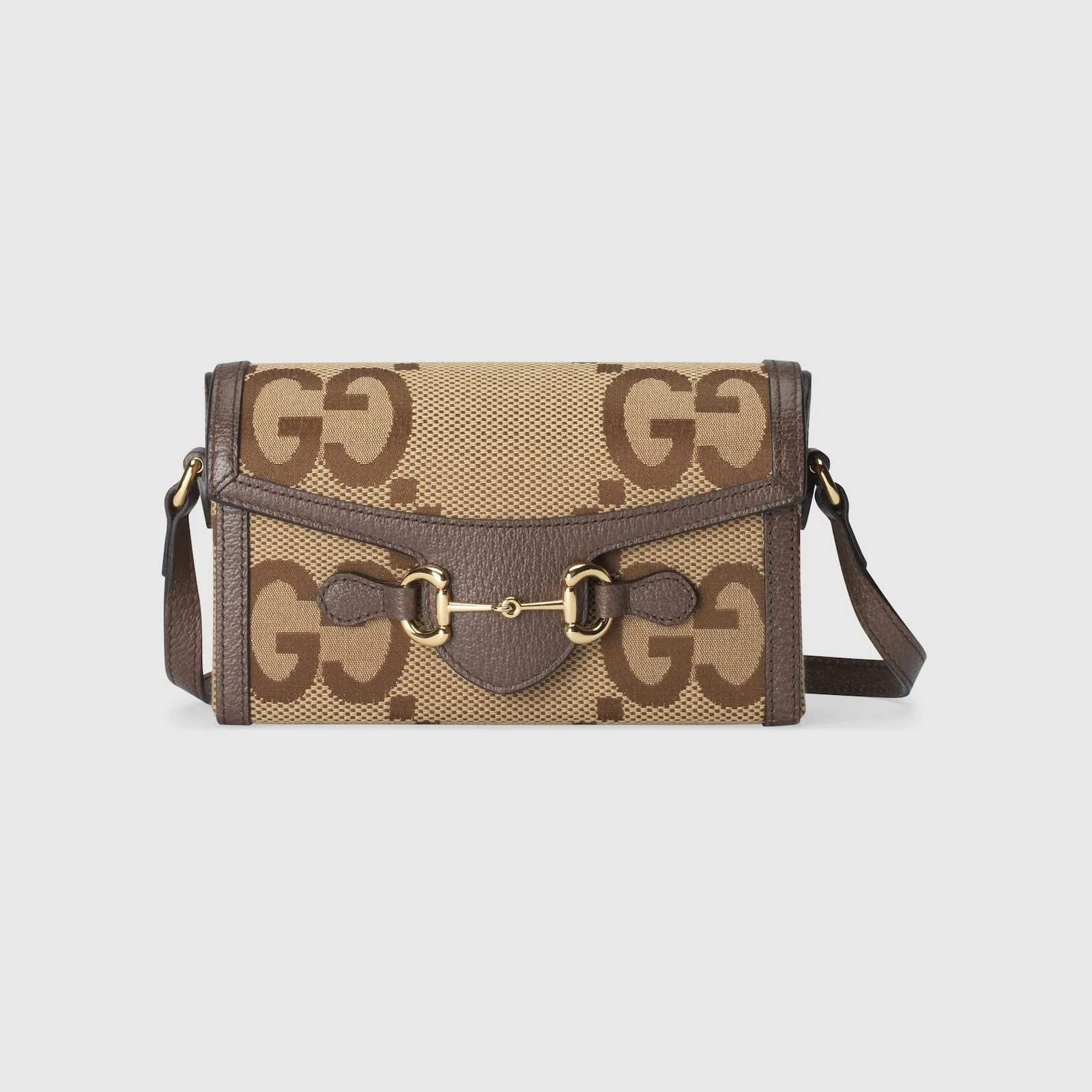 Replica Designer Bags Gucci replica Horsebit 1955 jumbo GG mini bag camel and ebony canvas