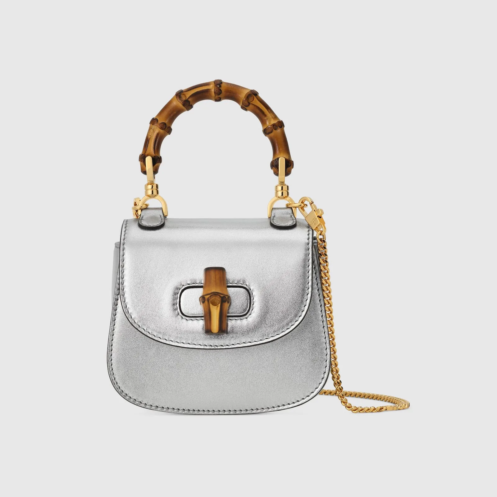 Replica Designer Bags Gucci replica Bamboo 1947 super mini bag metallic silver leather