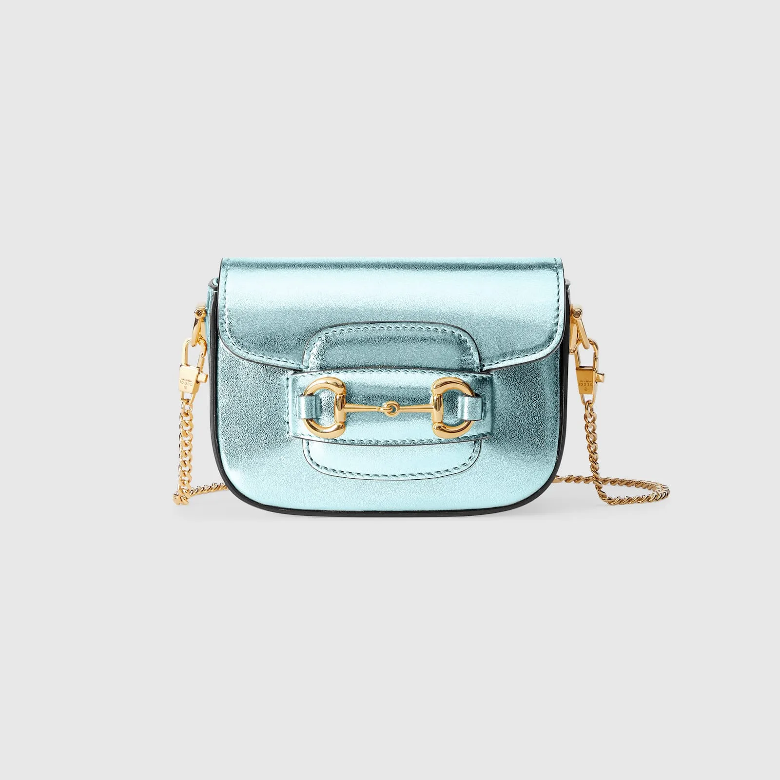 Replica Designer Bags Gucci replica Horsebit 1955 super mini bag metallic light blue leather