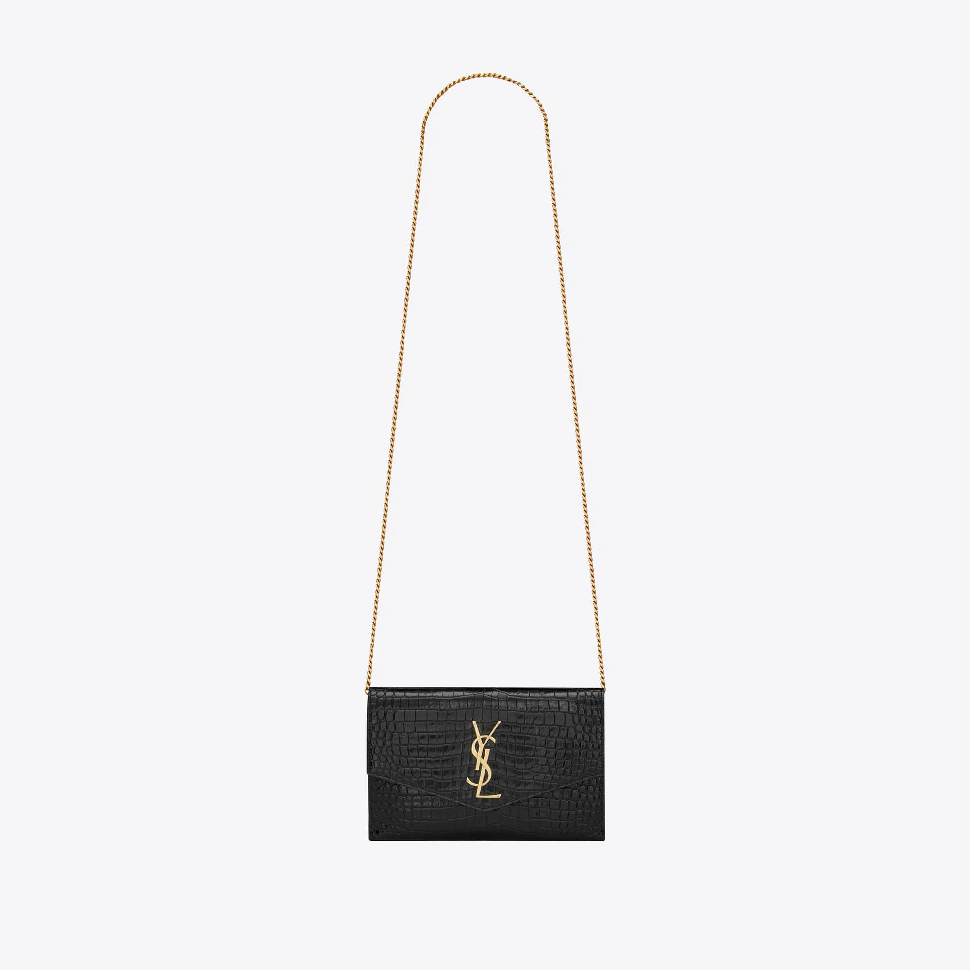 YSL replica designer bags uptown chain wallet in crocodile-embossed shiny leather